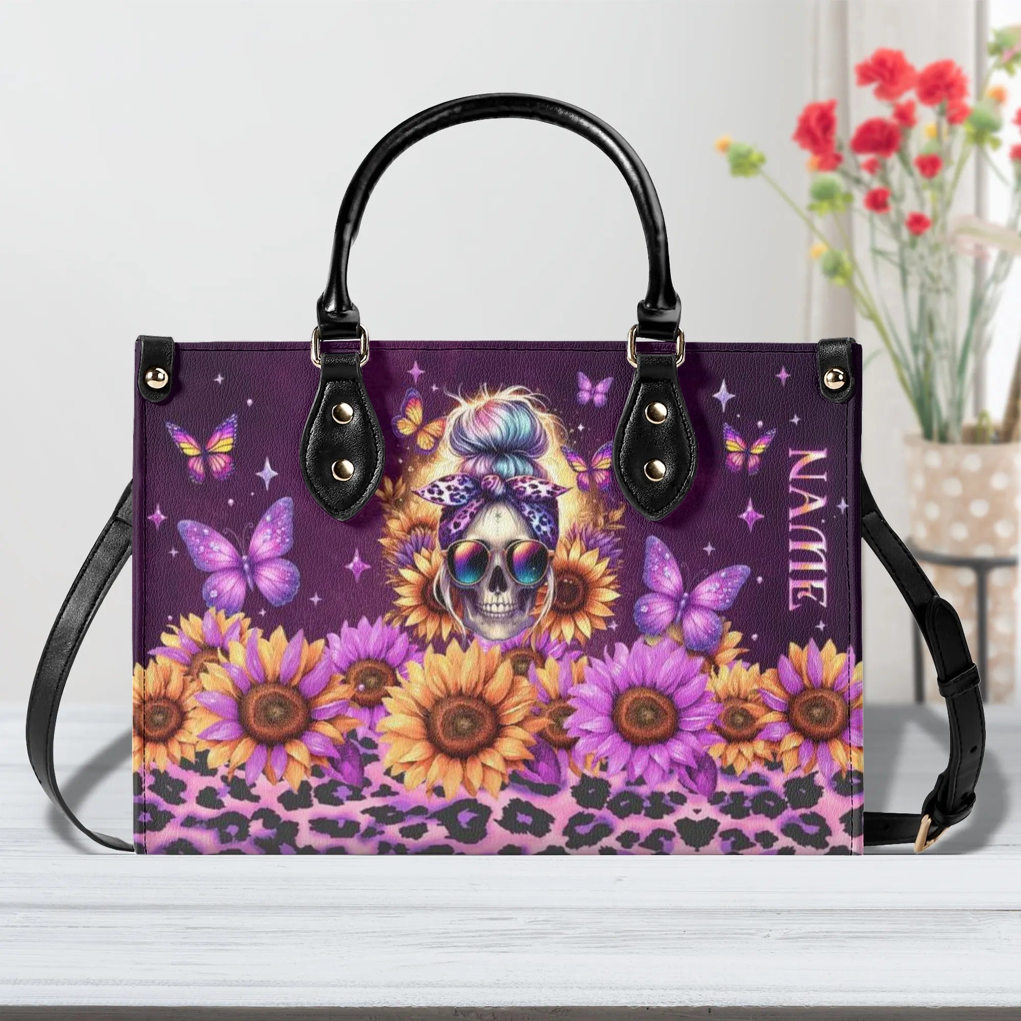 SUNFLOWER LEOPARD MESSY BUN SKULL LEATHER HANDBAG - TLNO0506242