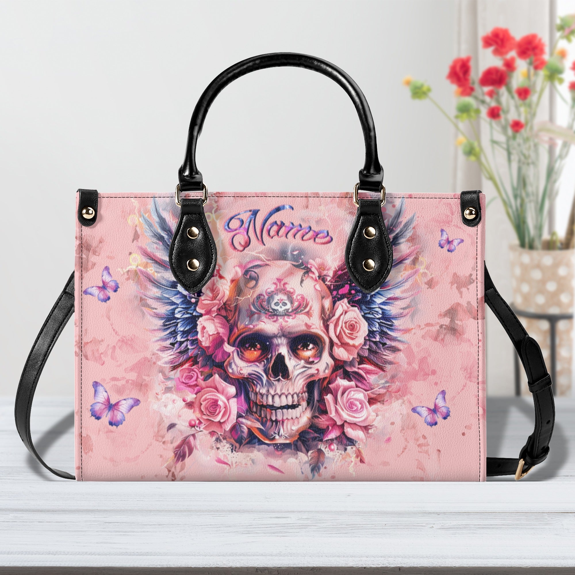 SKULL WINGS ROSE LEATHER HANDBAG - YHLN2910245