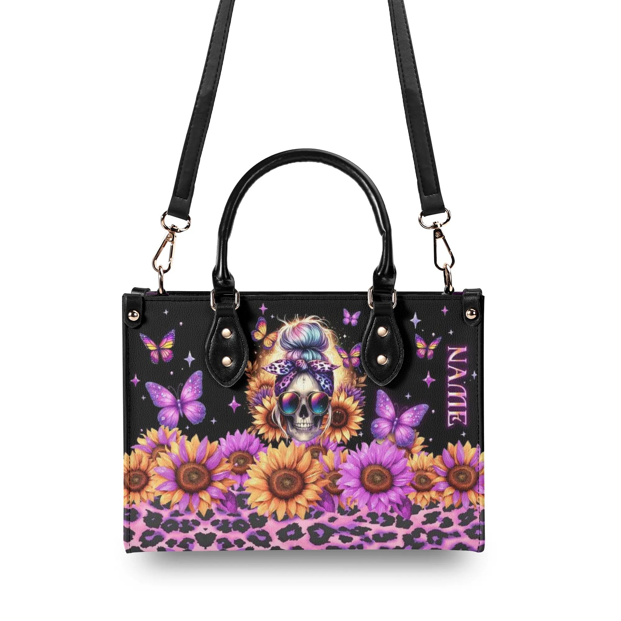 SUNFLOWER LEOPARD MESSY BUN SKULL LEATHER HANDBAG - TLNO0506242