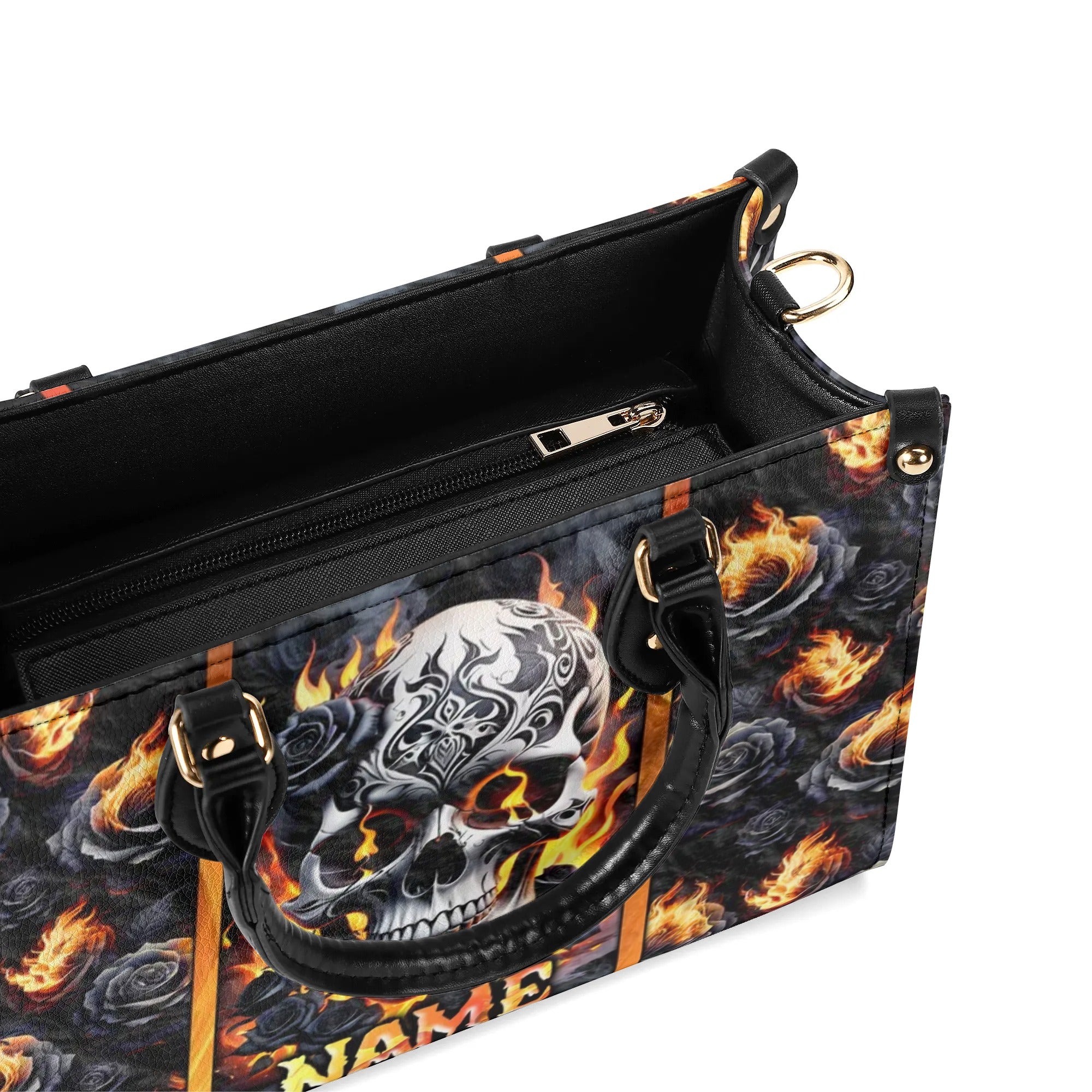 SKULL FIRE BLACK ROSE LEATHER HANDBAG - TLNZ2506245