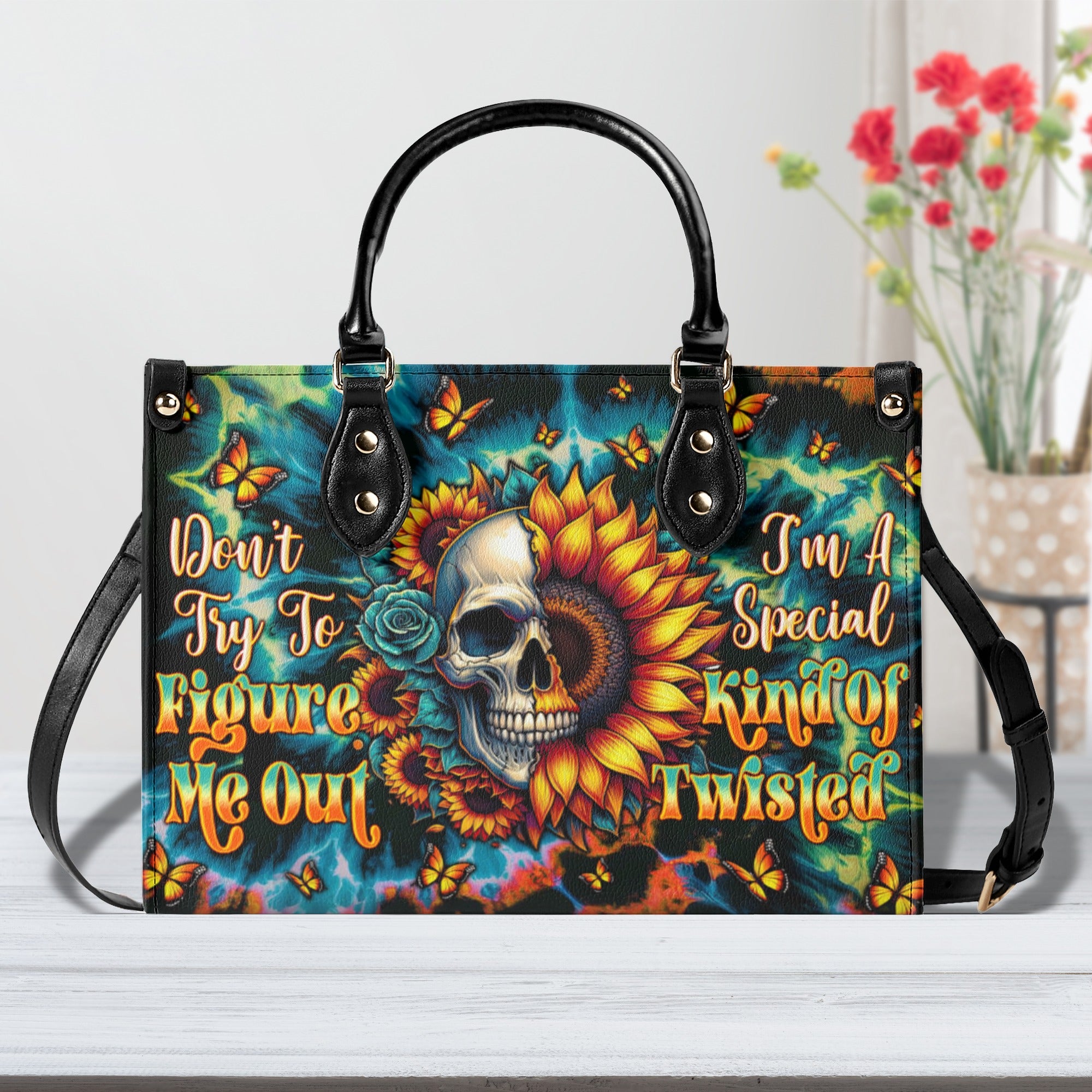 DON'T TRY TO FIGURE ME OUT SKULL SUNFLOWER LEATHER HANDBAG   - TLTW0911245