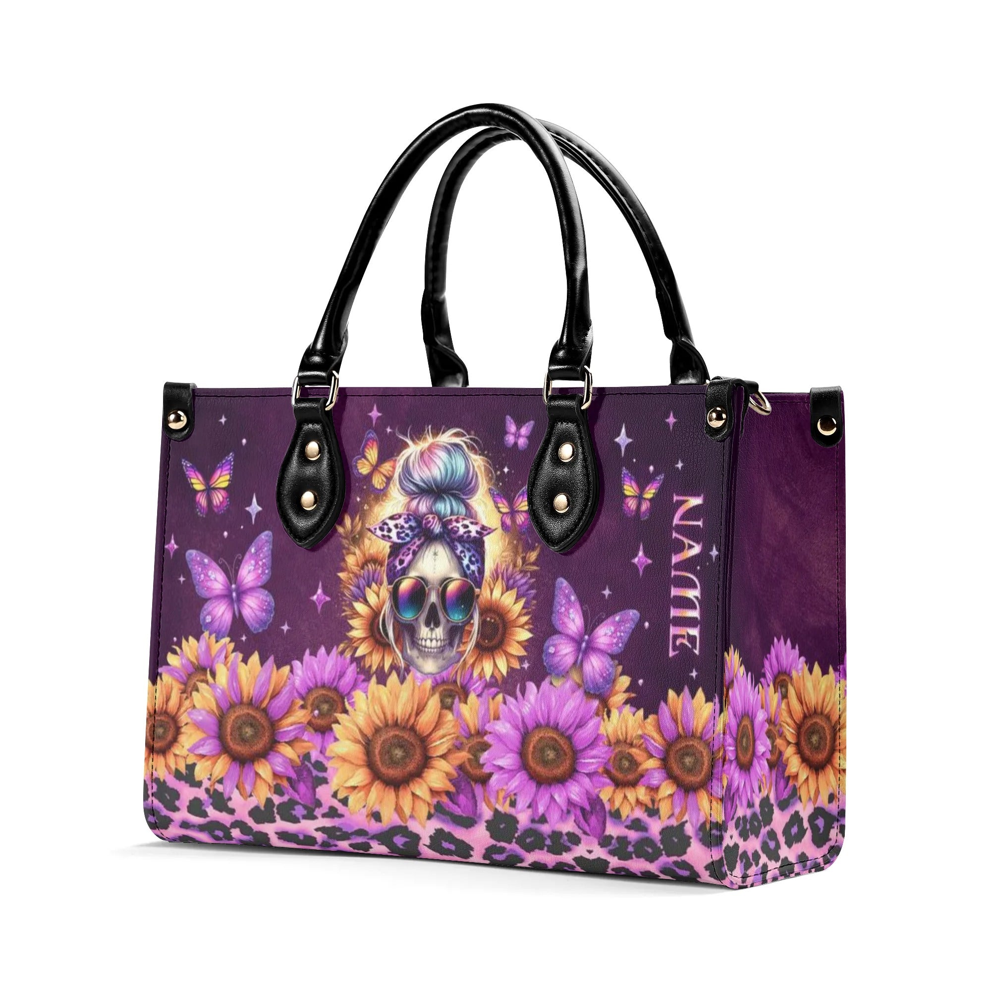 SUNFLOWER LEOPARD MESSY BUN SKULL LEATHER HANDBAG - TLNO0506242