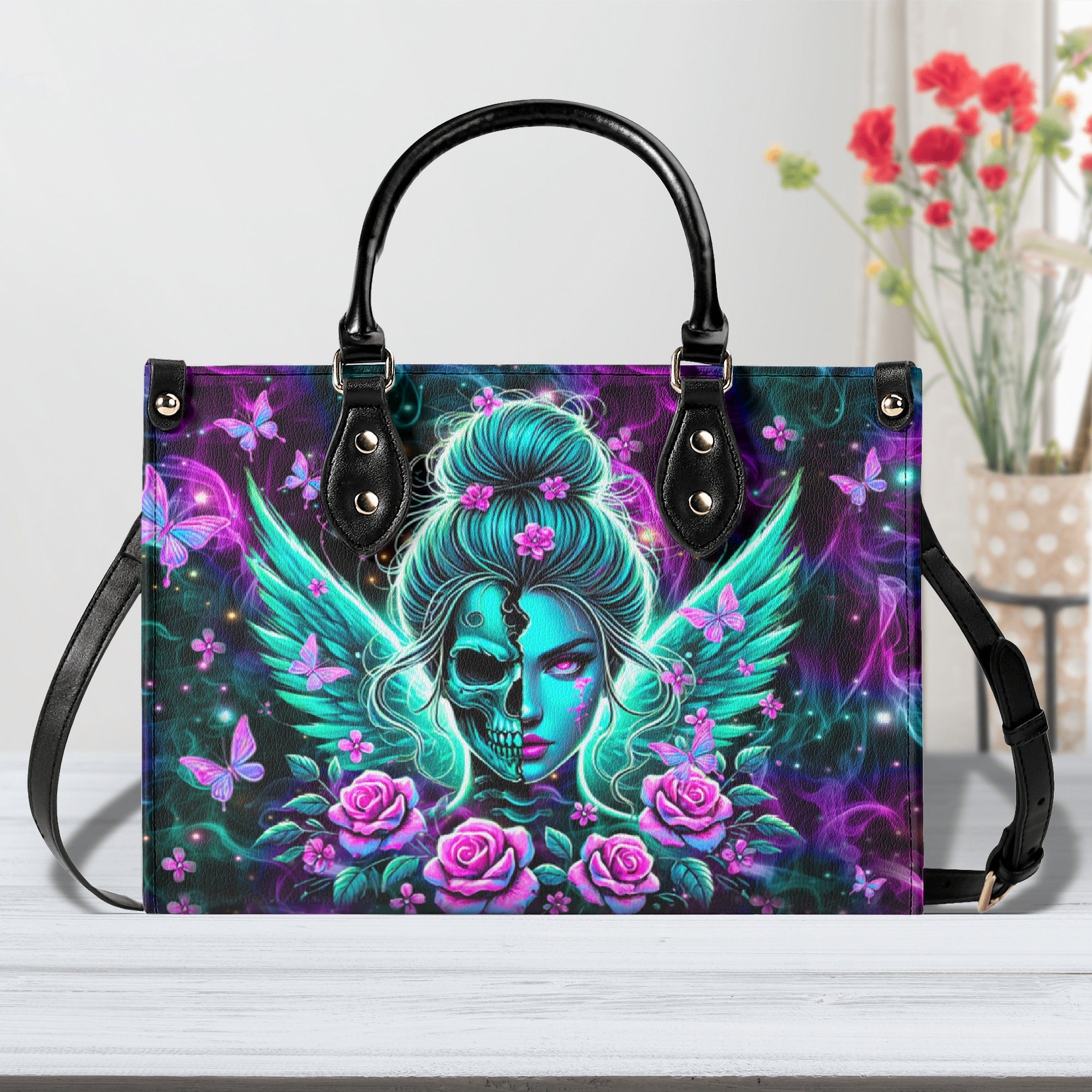 SKULL WINGS WITH ROSES LEATHER HANDBAG - YHHN0403254