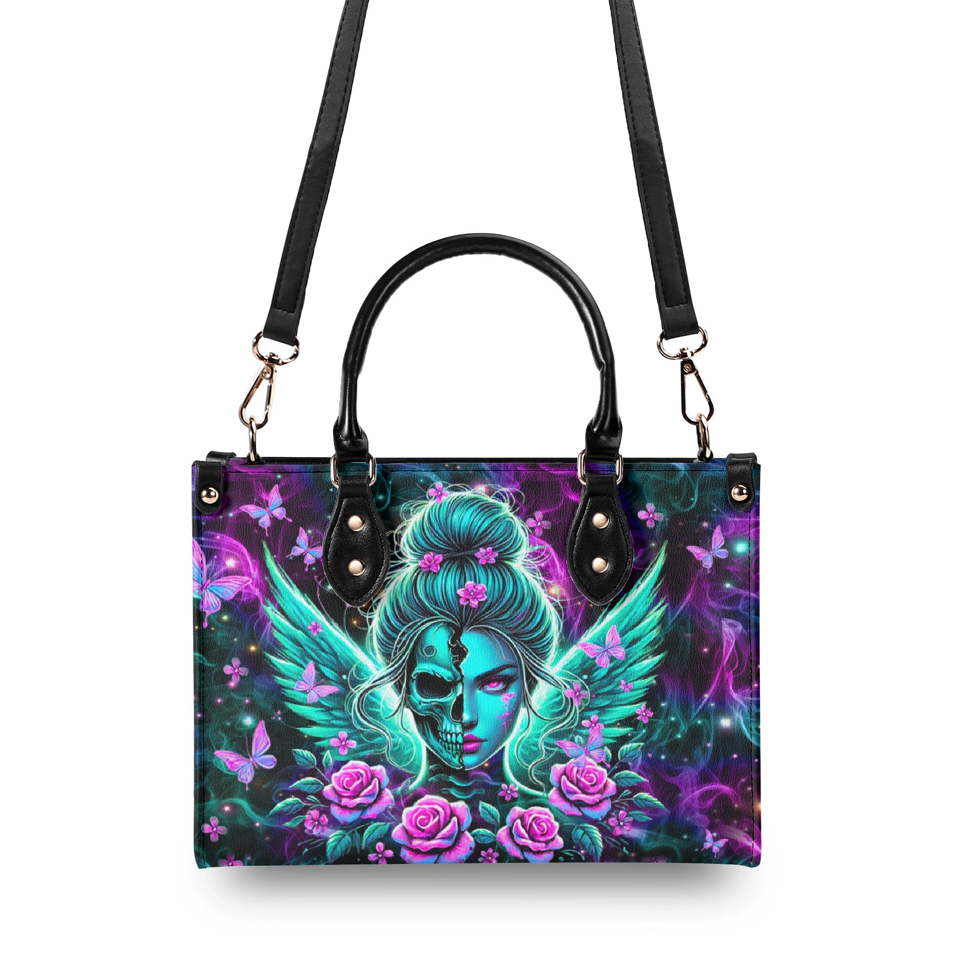 SKULL WINGS WITH ROSES LEATHER HANDBAG - YHHN0403254