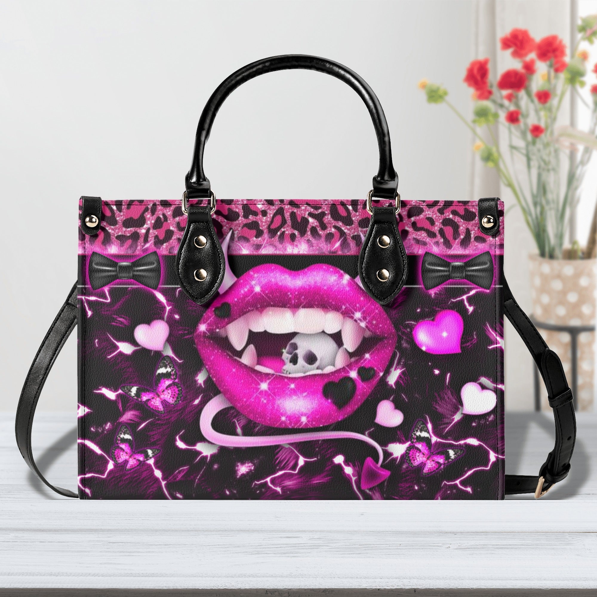 PINK EVIL LIPS LEATHER HANDBAG - YHDU0912244