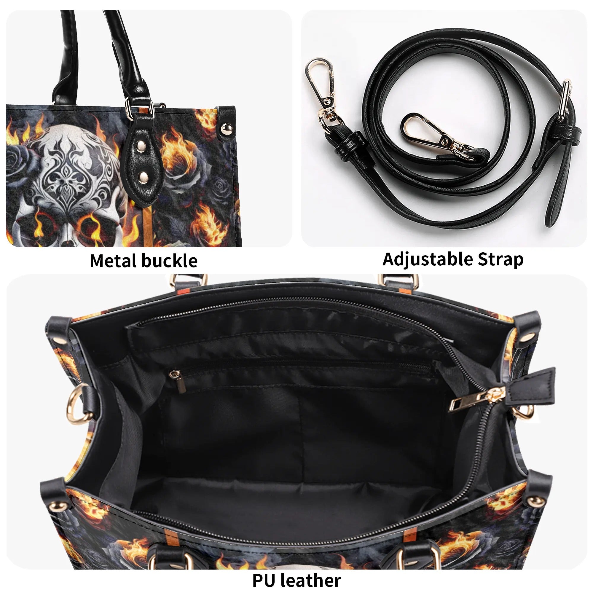 SKULL FIRE BLACK ROSE LEATHER HANDBAG - TLNZ2506245