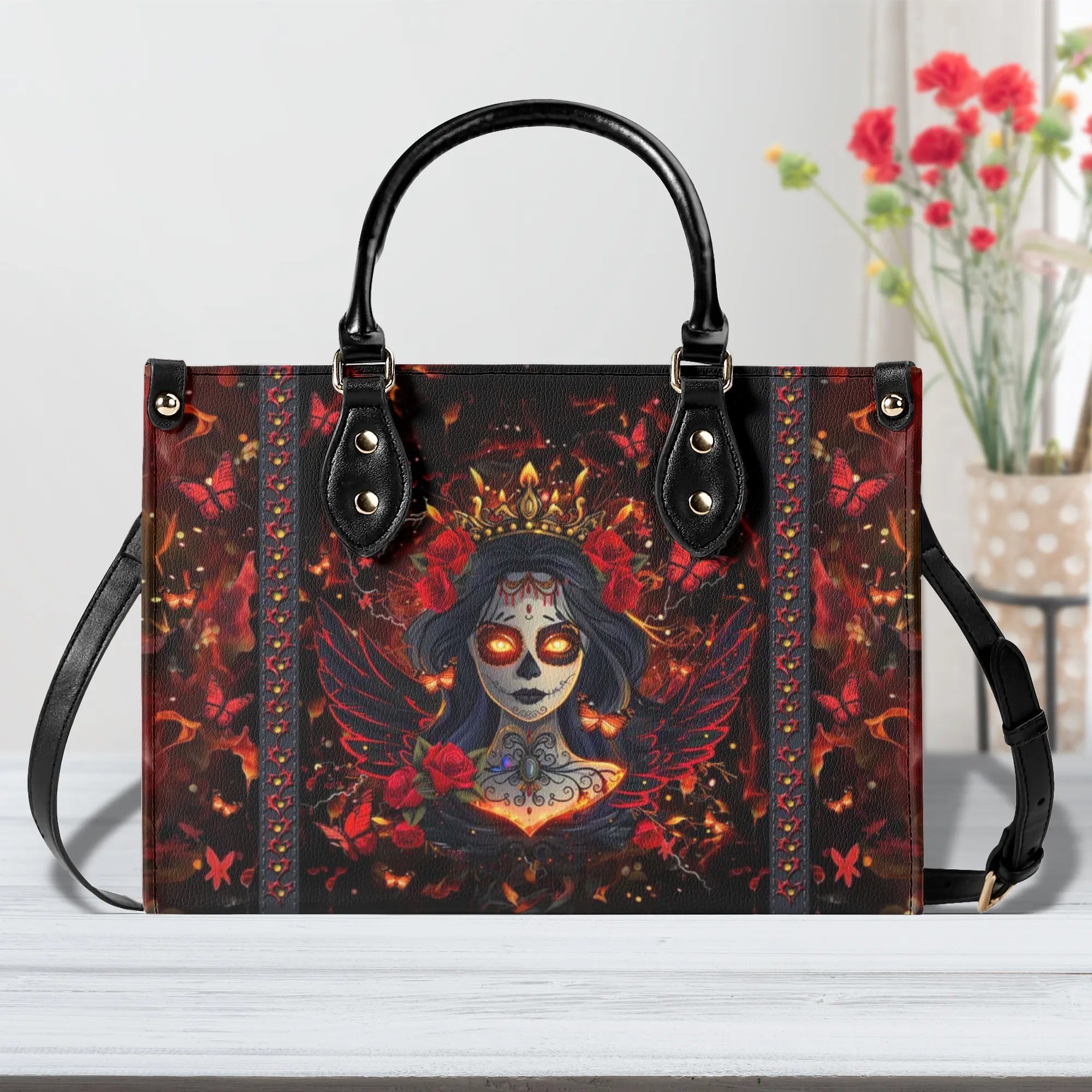 RED BLACK SKULL LADY LEATHER HANDBAG - YHLT1110242