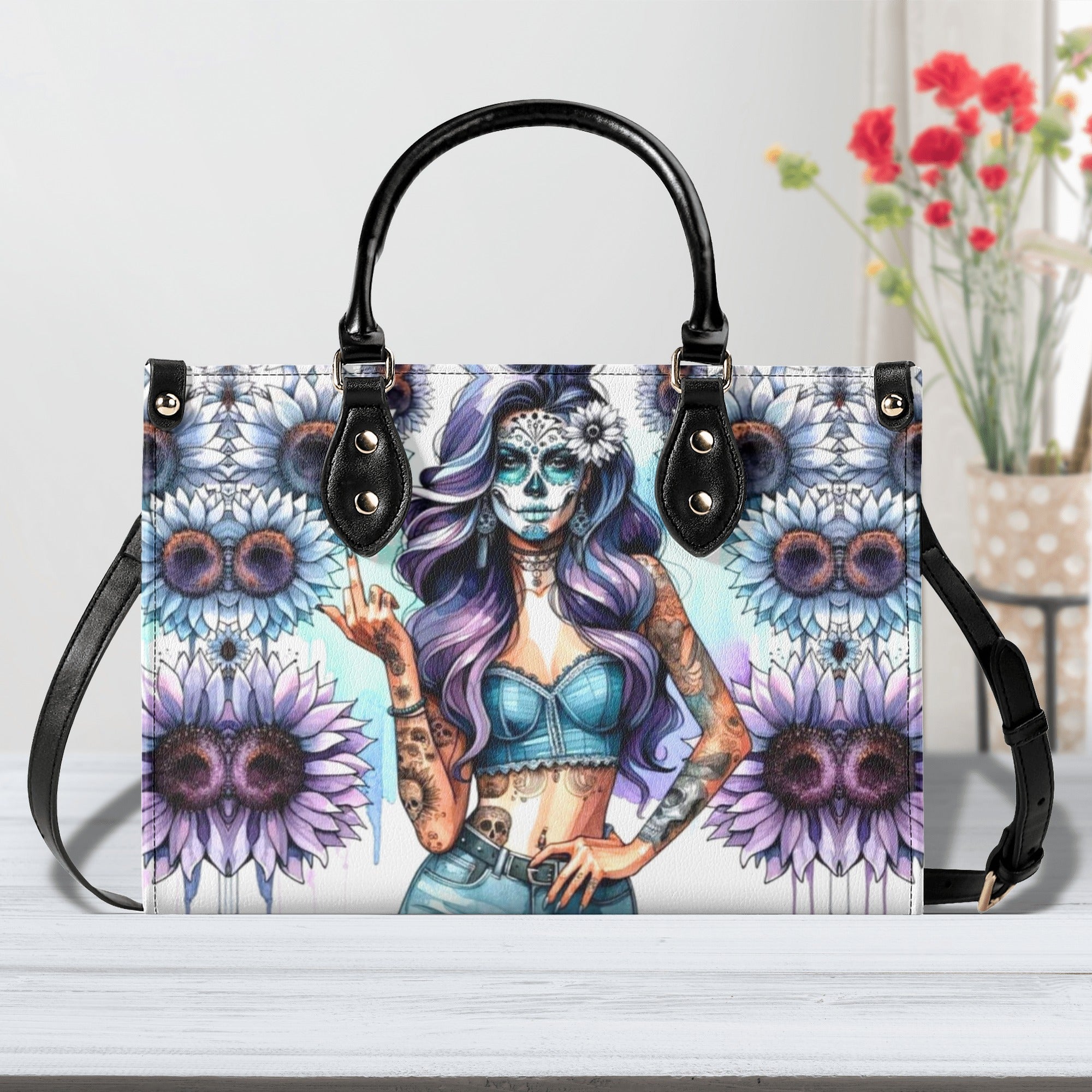 SUGAR SKULL LADY FLOWER LEATHER HANDBAG - YHDU0312244