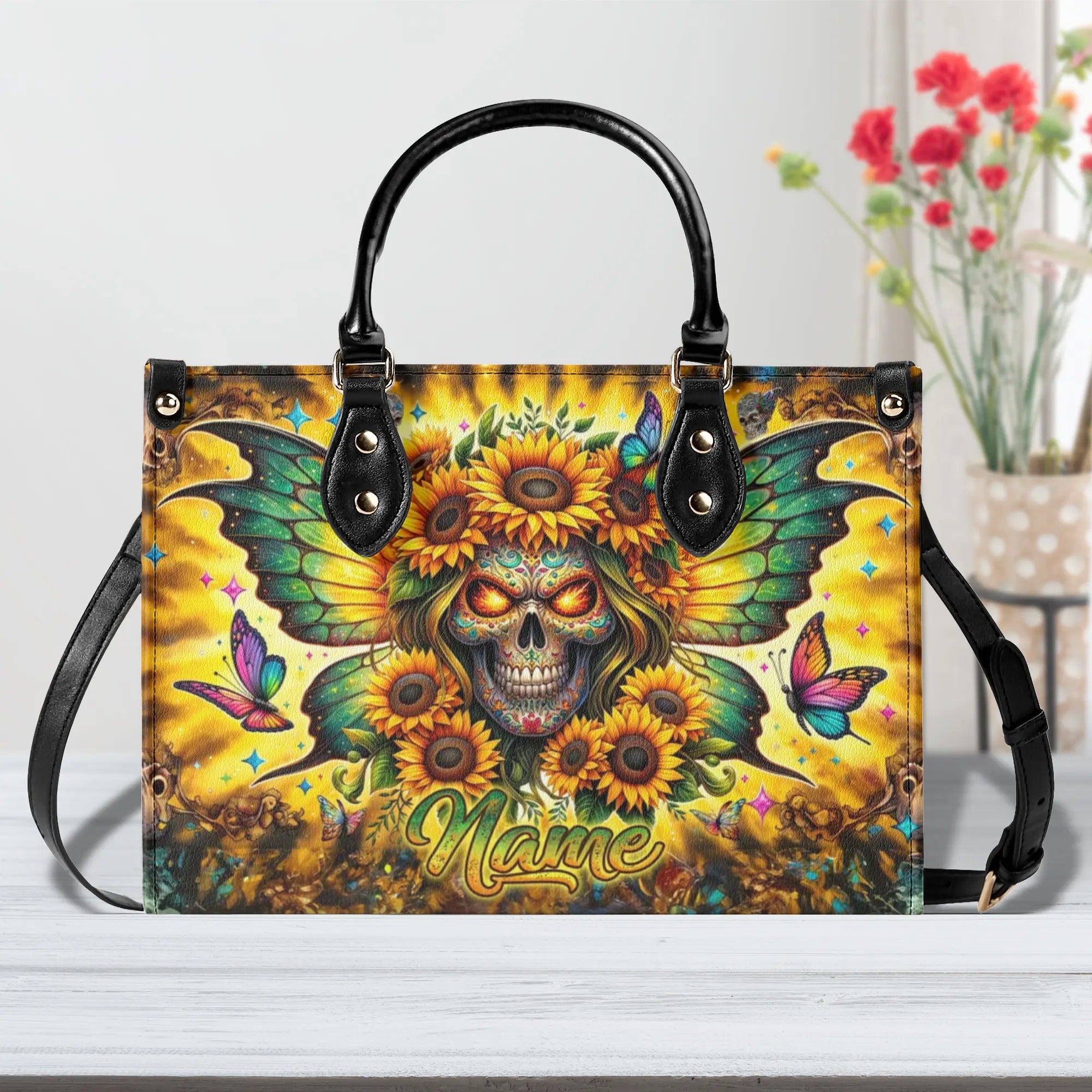 SKULL SUNFLOWER WINGS LEATHER HANDBAG - TLNZ1906244