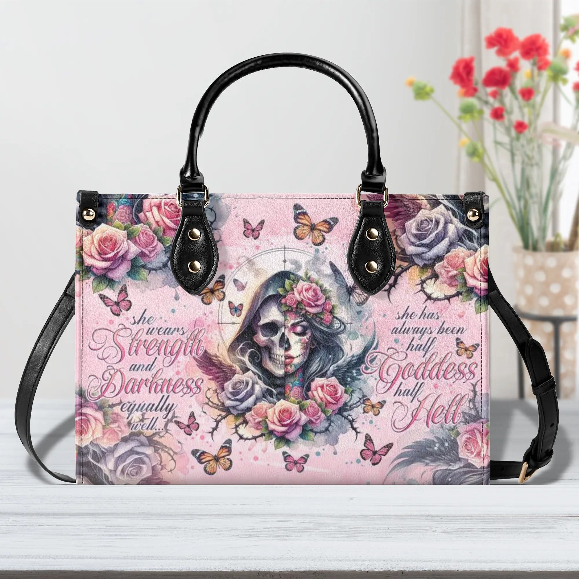 SHE WEARS STRENGTH AND DARKNESS SKULL LEATHER HANDBAG - TLNO0706244