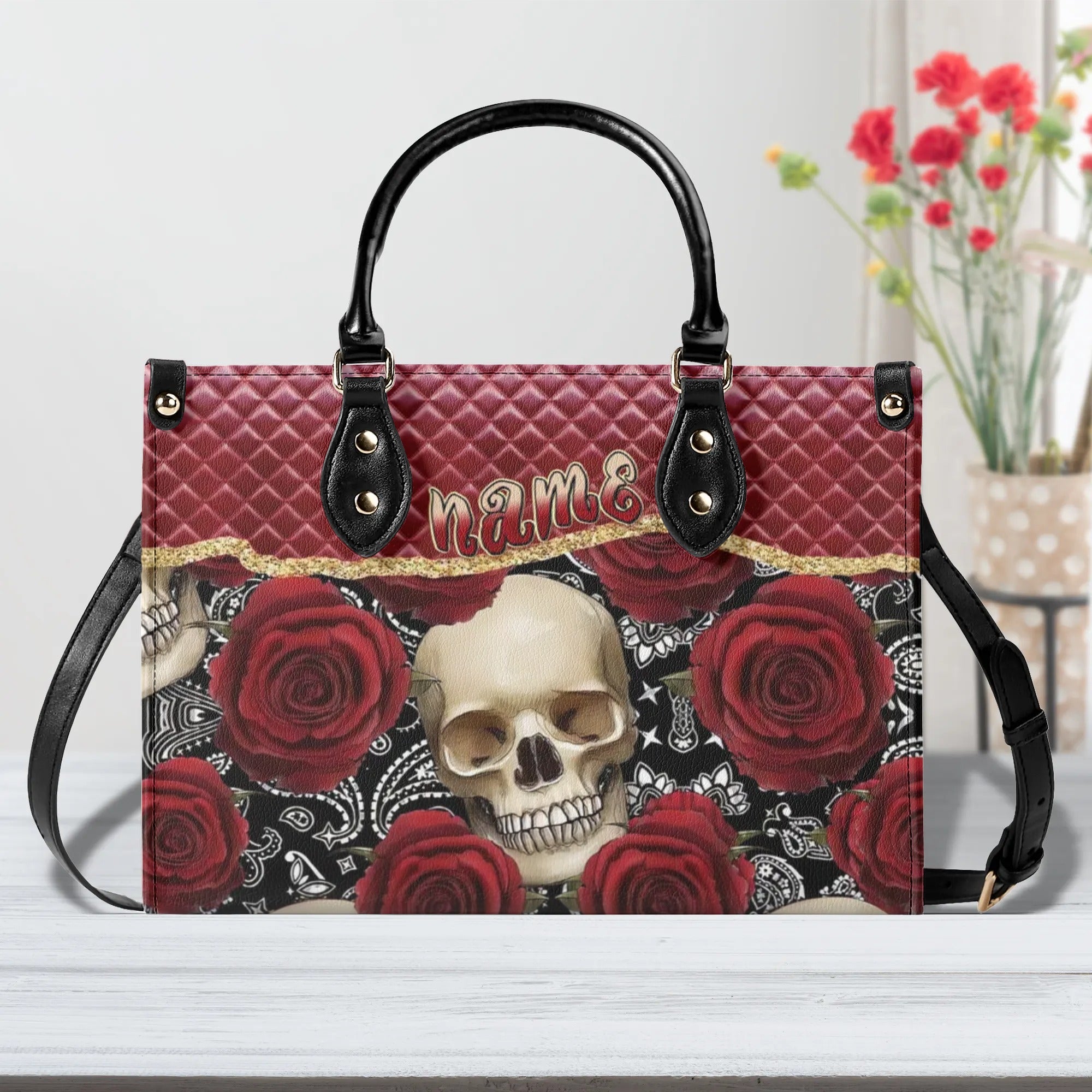 RED ROSE SKULL LEATHER HANDBAG - TLPQ2908242