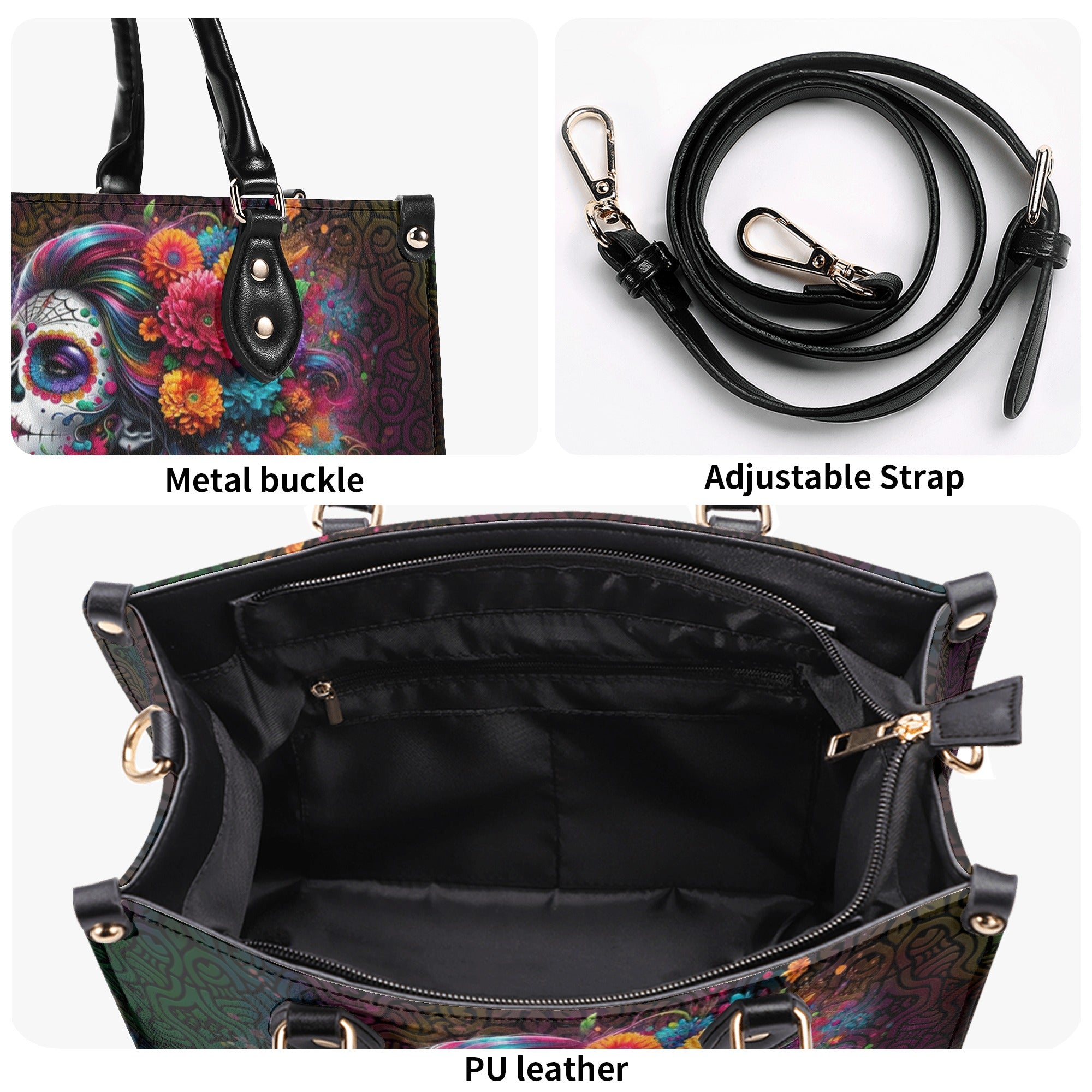 SUGAR SKULL FLOWER ART LEATHER HANDBAG - TLNO0211244