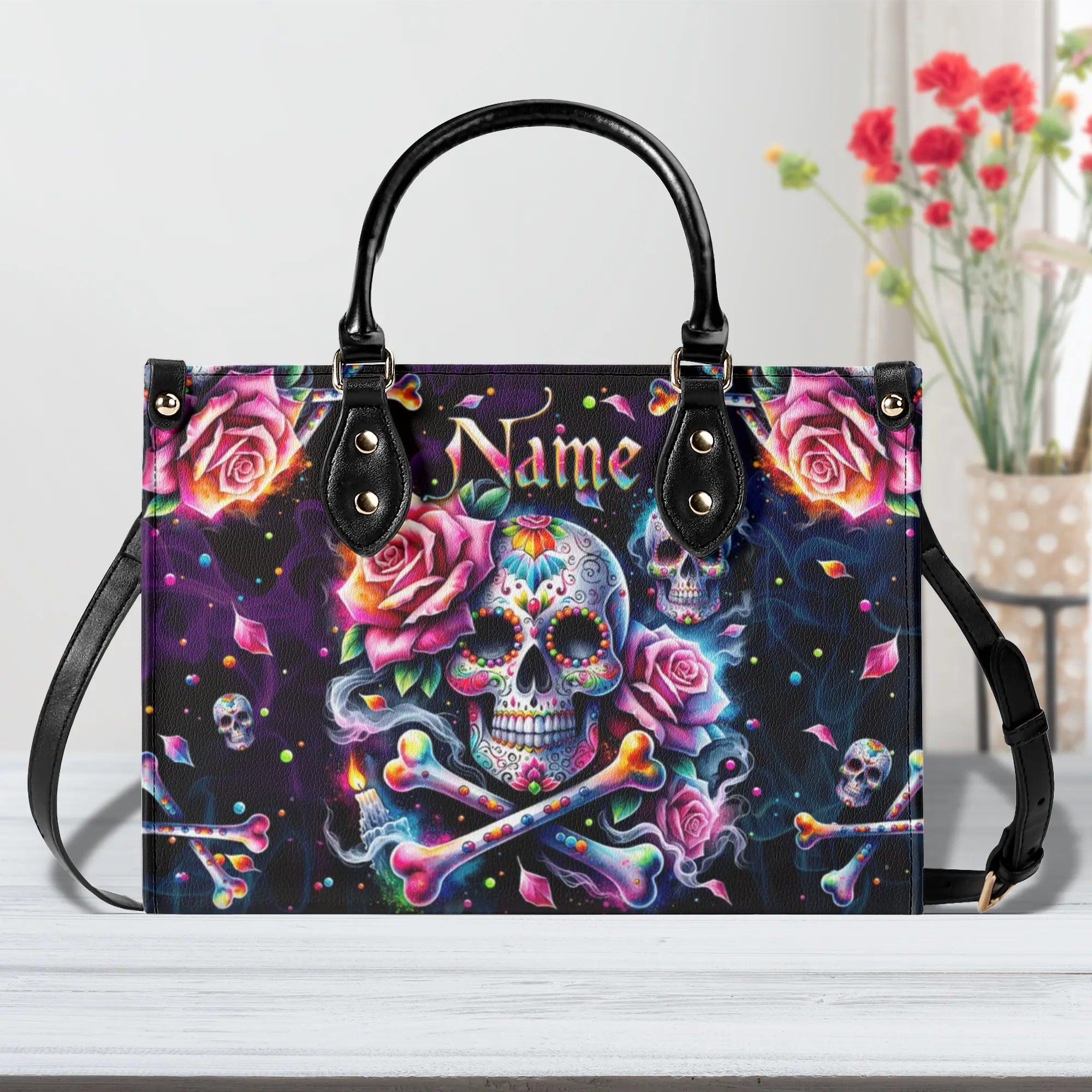 SKULL BONES ROSE LEATHER HANDBAG - TLPQ1807244