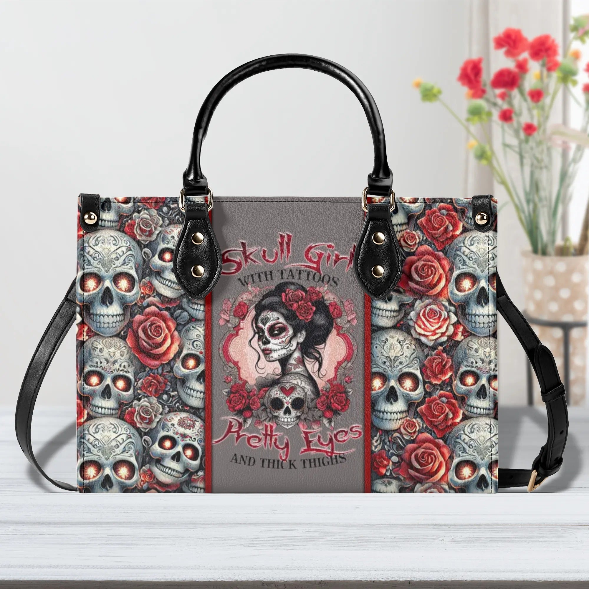 SKULL GIRL WITH TATTOOS PRETTY EYES SUGAR SKULL LEOPARD LEATHER HANDBAG - TLTR1406245