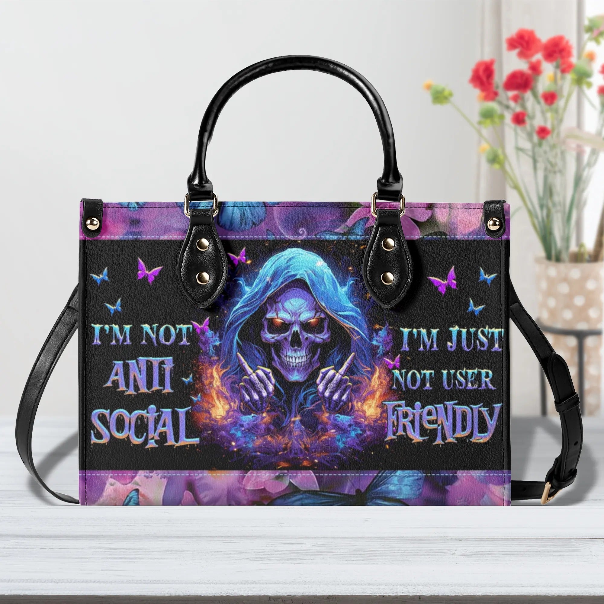 I'M NOT ANTI-SOCIAL MAD REAPER SKULL LEATHER HANDBAG - TLNZ0406244