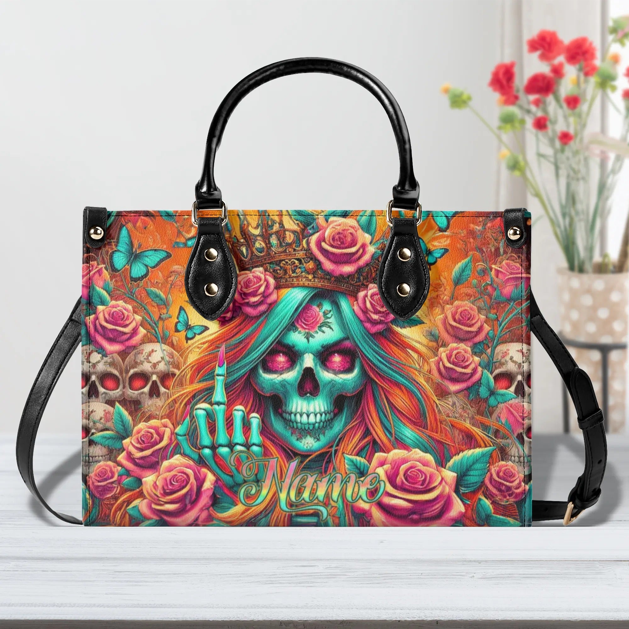 QUEEN SKULL LADY LEATHER HANDBAG - TLNZ2207242