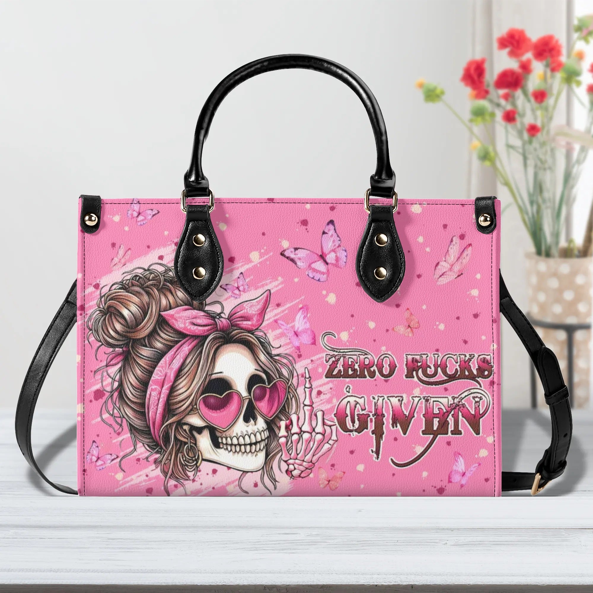 ZERO FCK GIVEN SKULL MESSY BUN LEATHER HANDBAG - TLPQ1508244