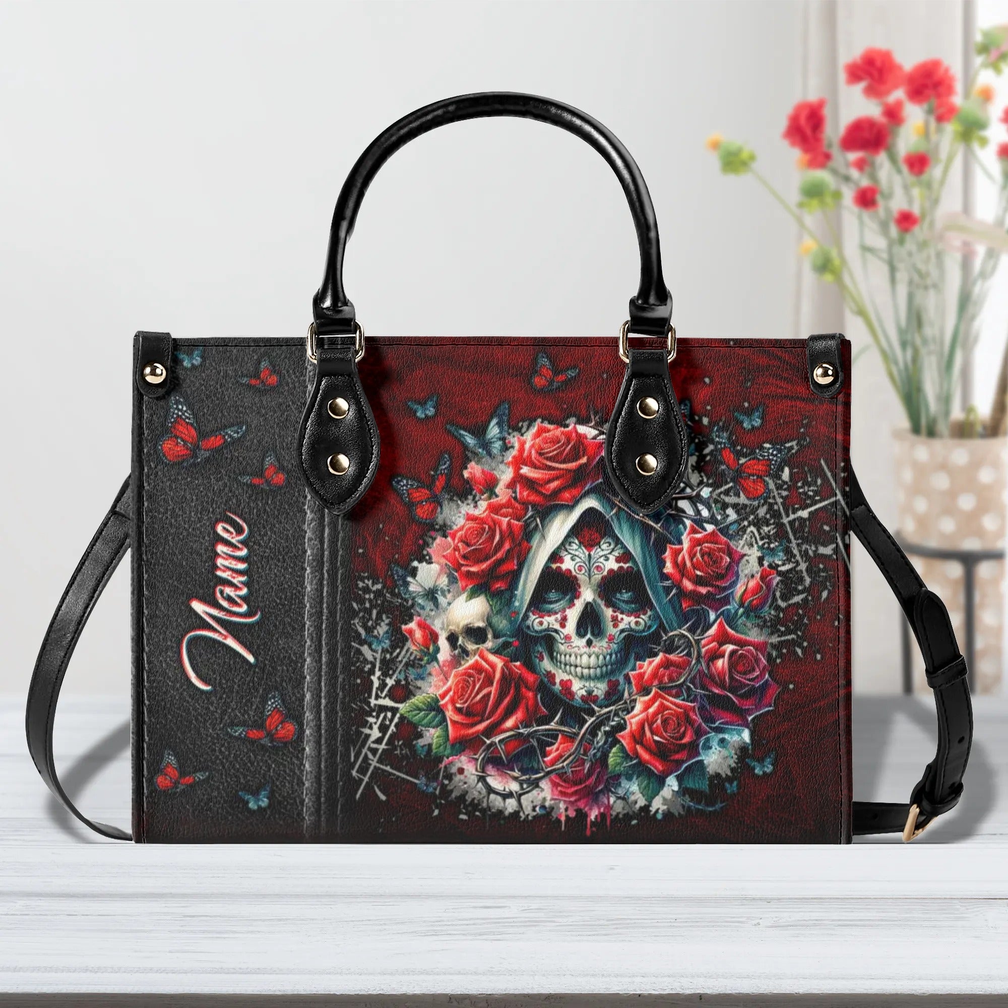 SUGAR SKULL ROSE LEATHER HANDBAG - TLTW0406242