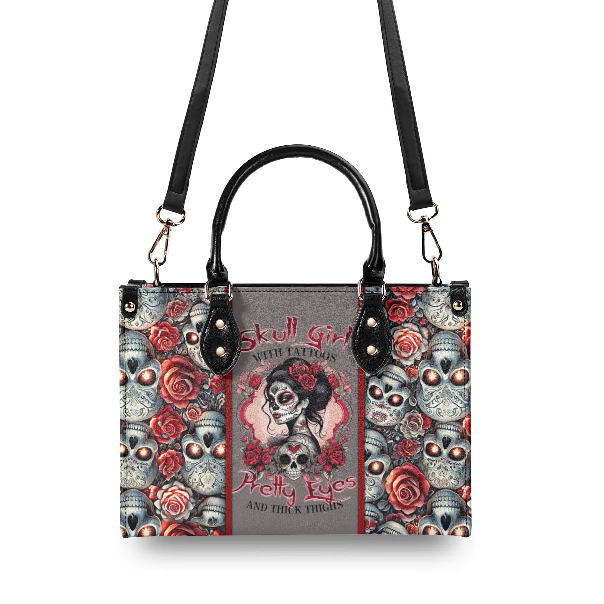 SKULL GIRL WITH TATTOOS PRETTY EYES SUGAR SKULL LEOPARD LEATHER HANDBAG - TLTR1406245