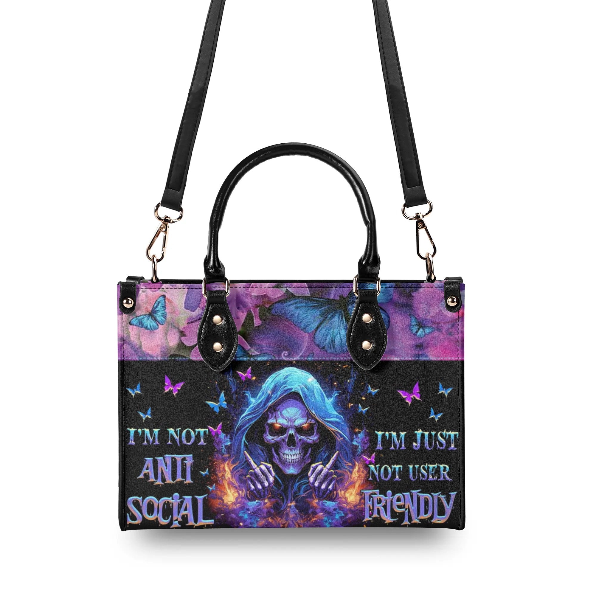 I'M NOT ANTI-SOCIAL MAD REAPER SKULL LEATHER HANDBAG - TLNZ0406244