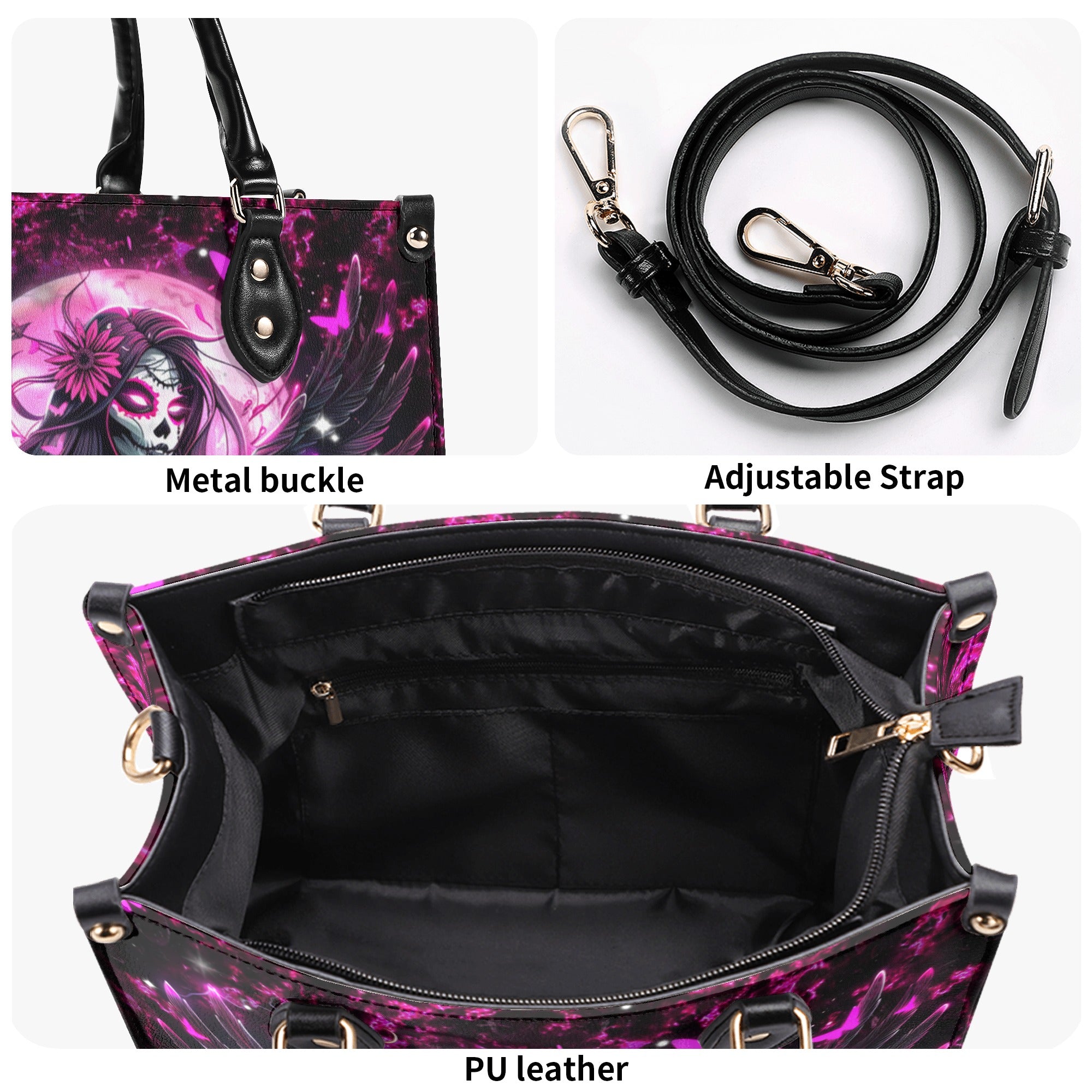 PINK BLACK SKULL LADY LEATHER HANDBAG - YHDU1410244