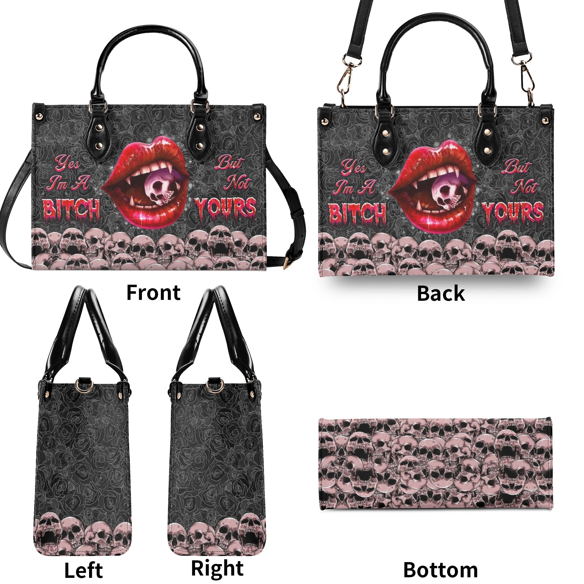 YES I'M A B BUT NOT YOURS SKULL LIPS LEATHER HANDBAG - YHHG3112244