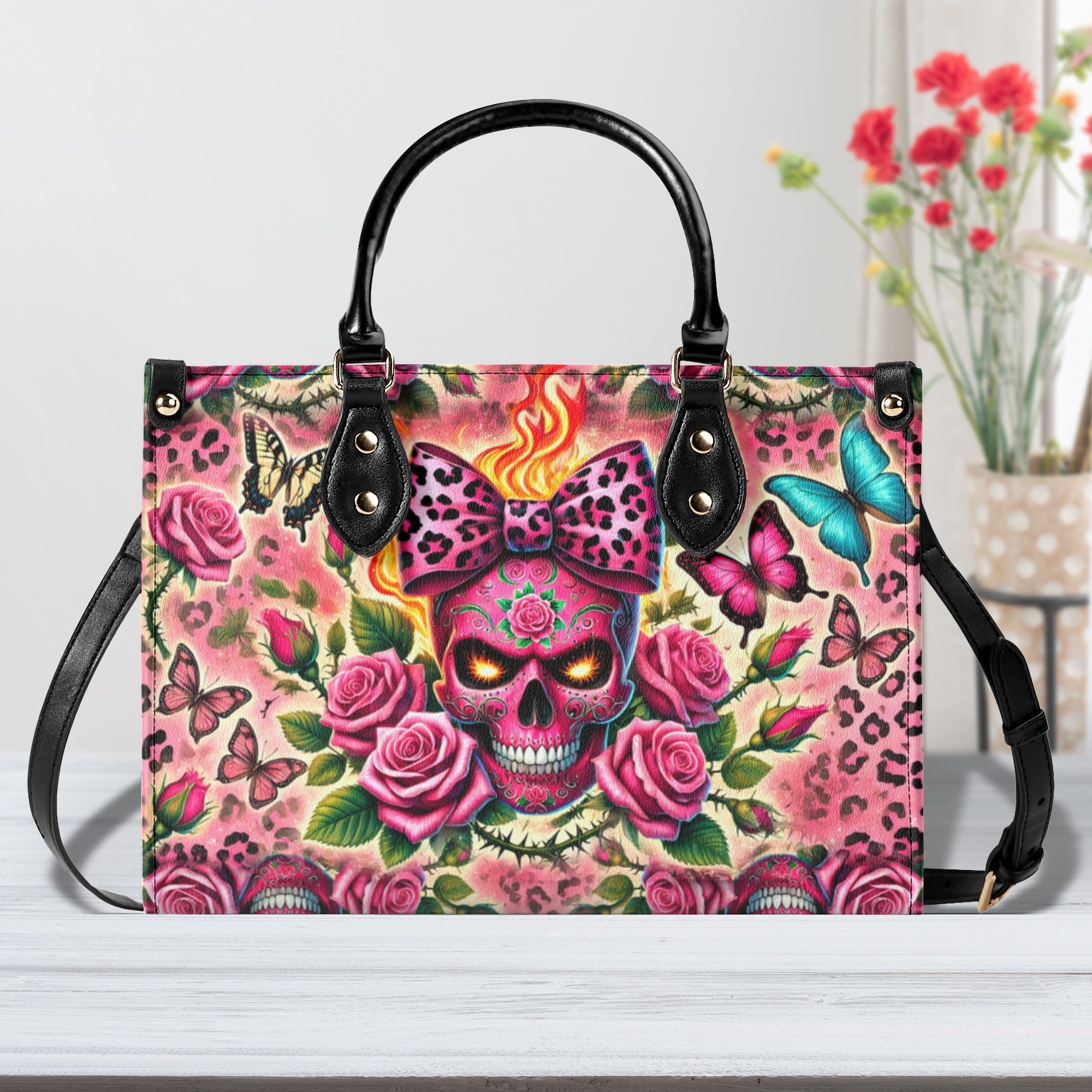 SUGAR SKULL ROSE LEOPARD LEATHER HANDBAG   - TLDU1211244