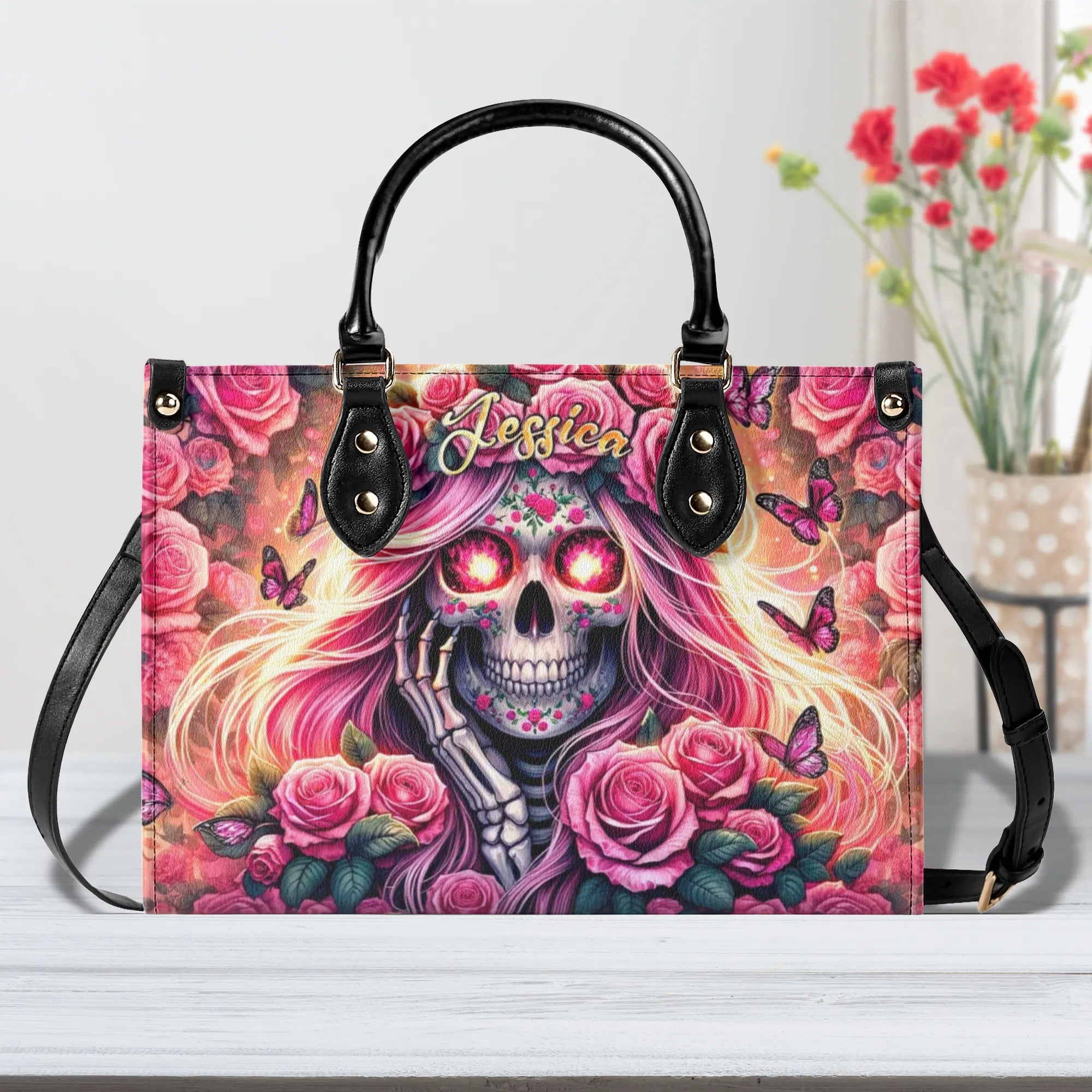 SKULL LADY WITH ROSE LEATHER HANDBAG - TLTR1306244