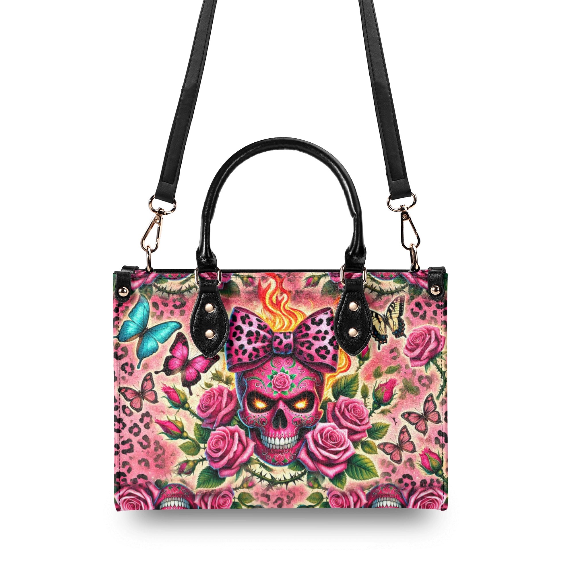 SUGAR SKULL ROSE LEOPARD LEATHER HANDBAG   - TLDU1211244