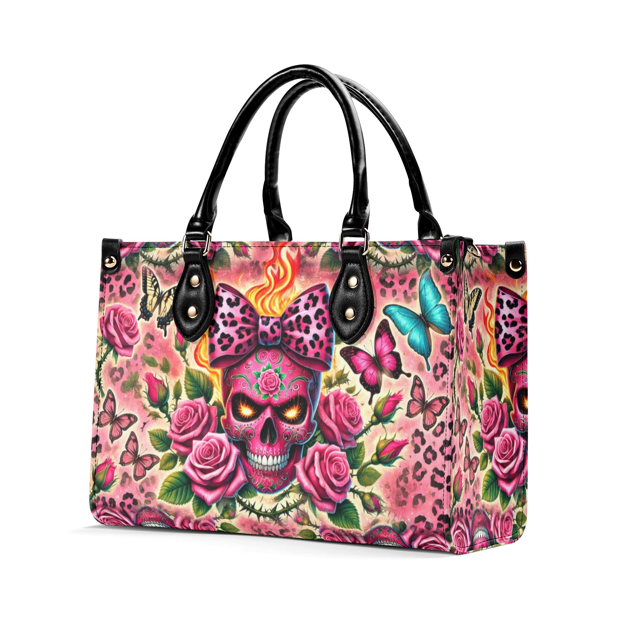 SUGAR SKULL ROSE LEOPARD LEATHER HANDBAG   - TLDU1211244