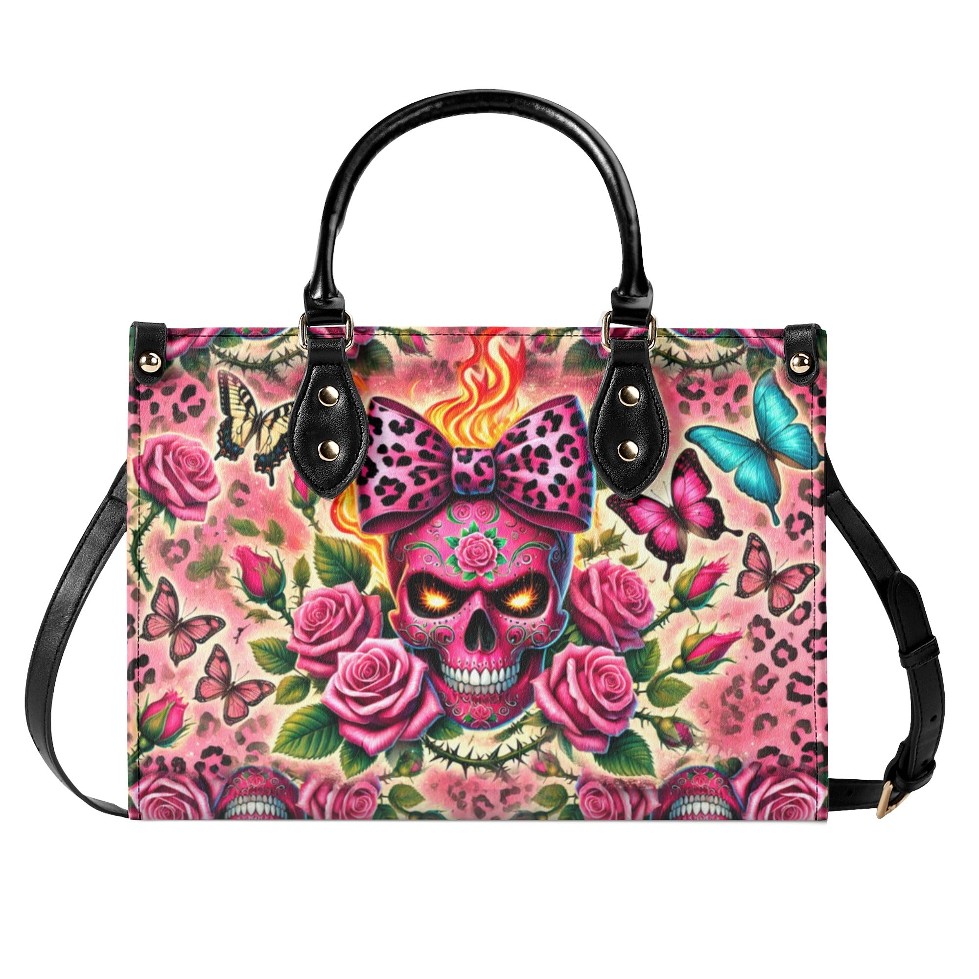 SUGAR SKULL ROSE LEOPARD LEATHER HANDBAG   - TLDU1211244