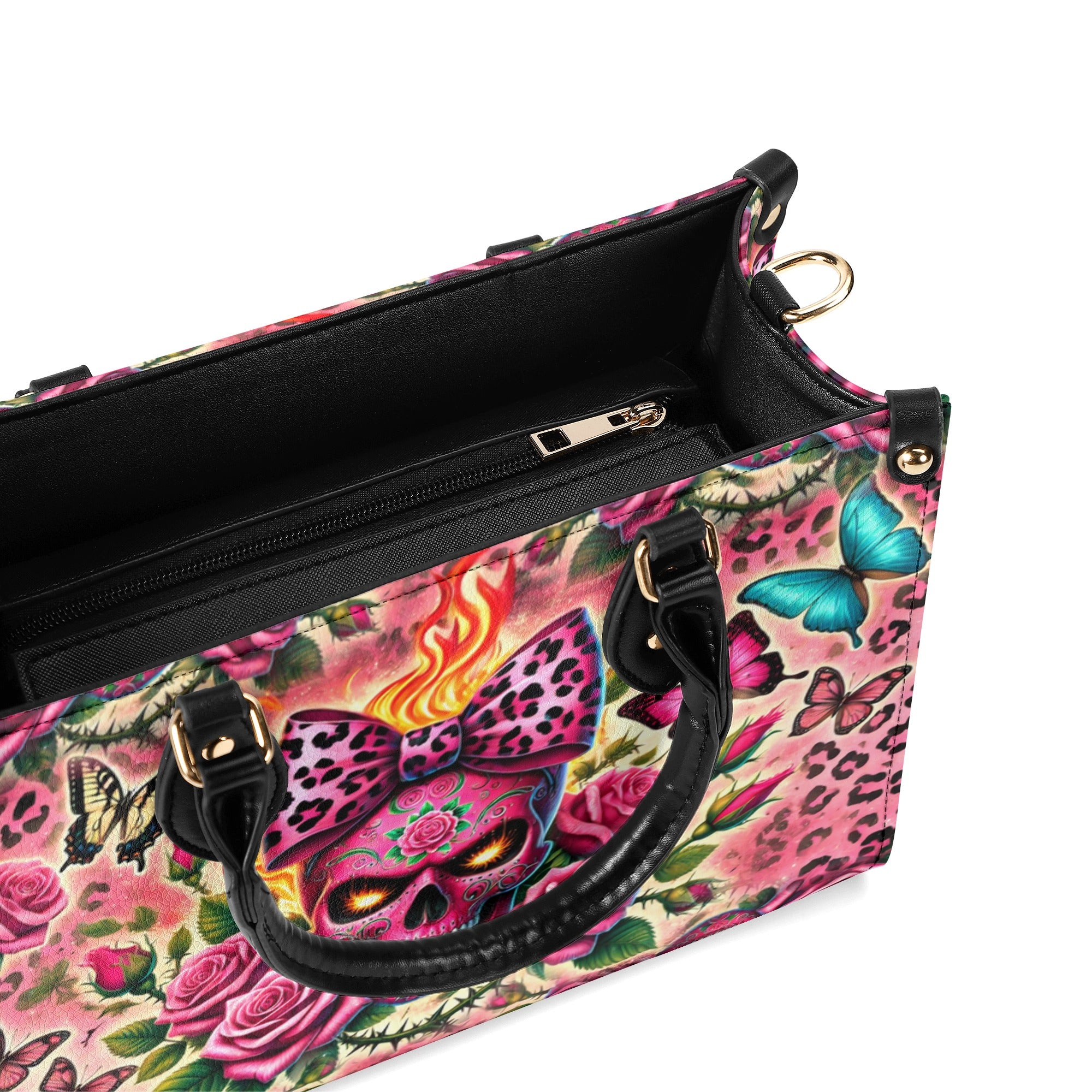 SUGAR SKULL ROSE LEOPARD LEATHER HANDBAG   - TLDU1211244