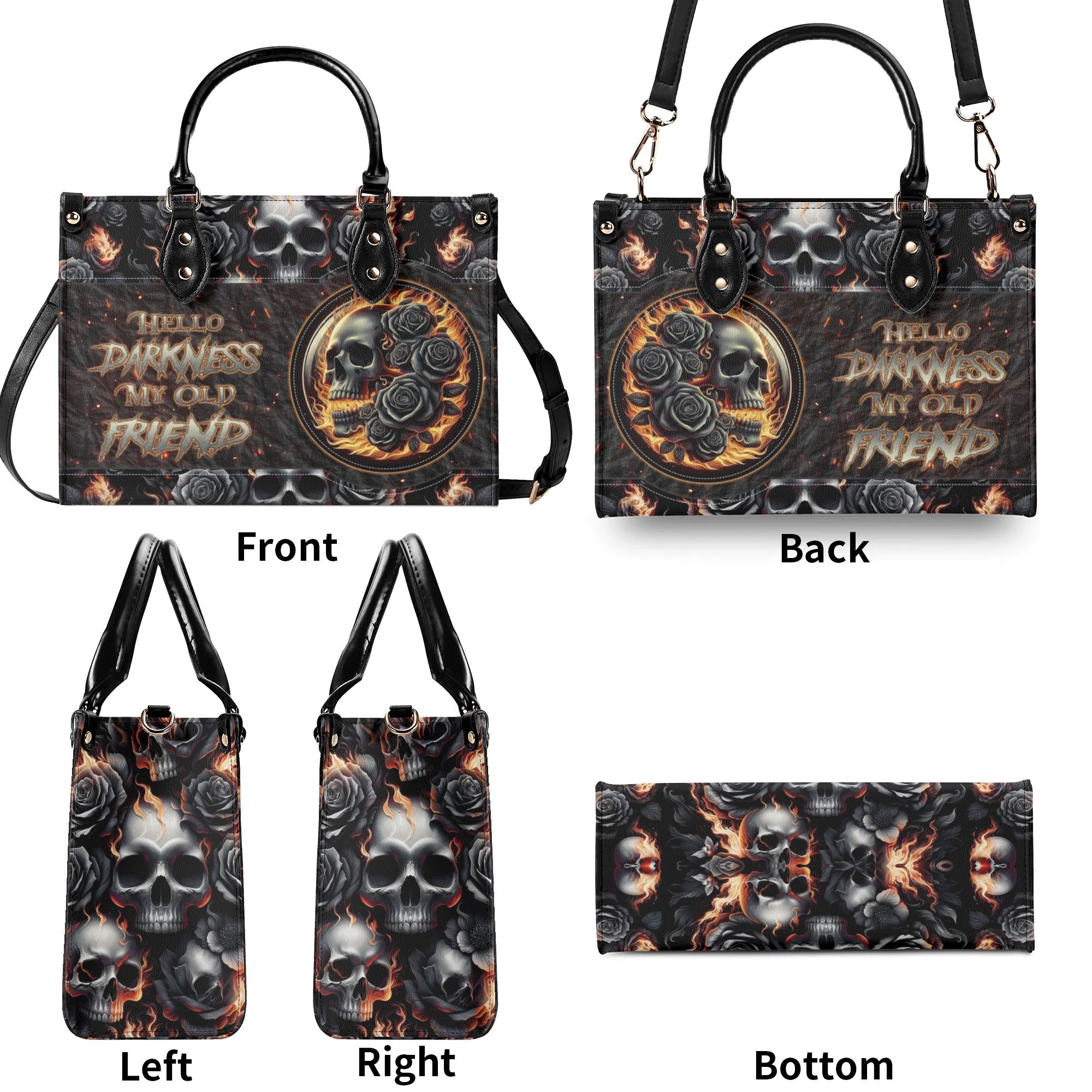 HELLO DARKNESS MY OLD FRIEND SKULL ROSE FIRE LEATHER HANDBAG - TLNZ1206245