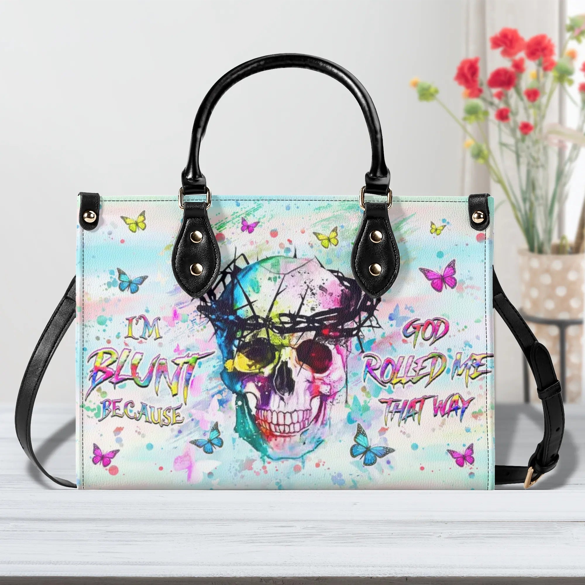 I'M BLUNT BECAUSE GOD ROLLED ME LEATHER HANDBAG - YHHG2709244