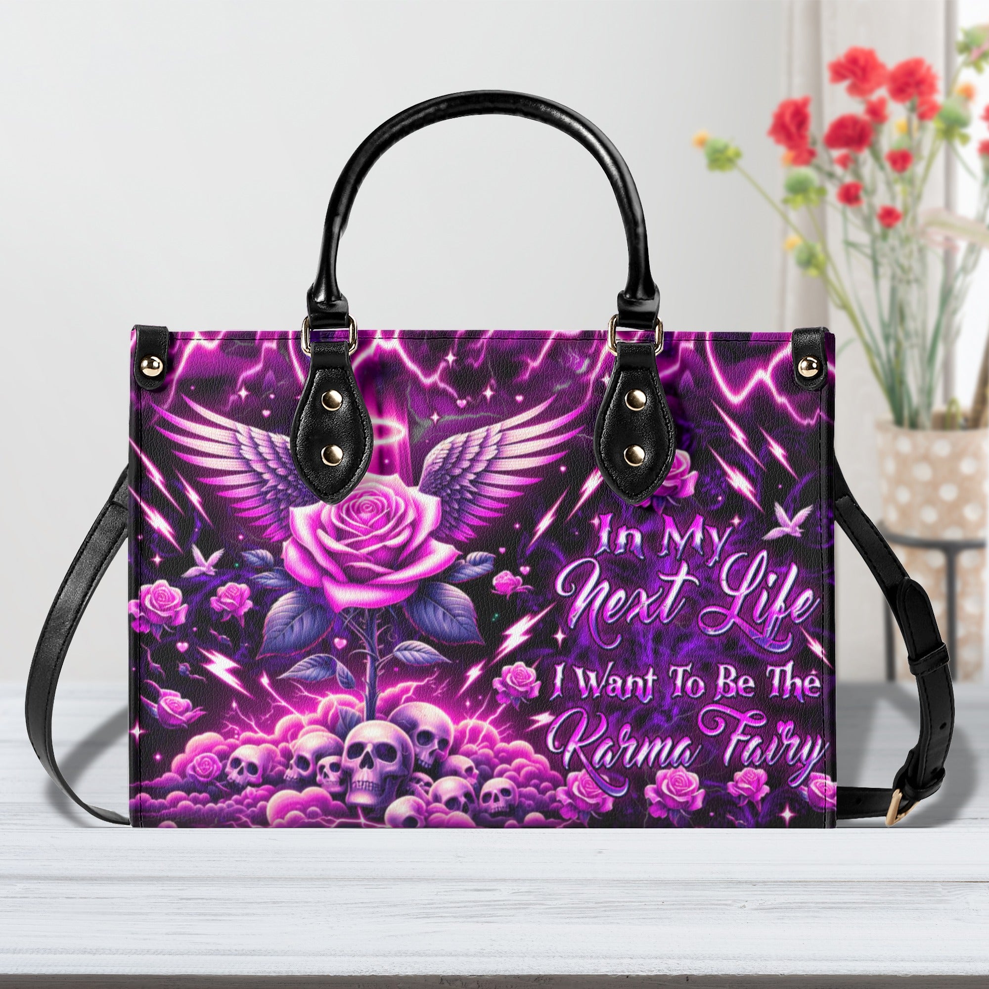 KARMA FAIRY SKULL ROSE WINGS LEATHER HANDBAG - YHDU0511244