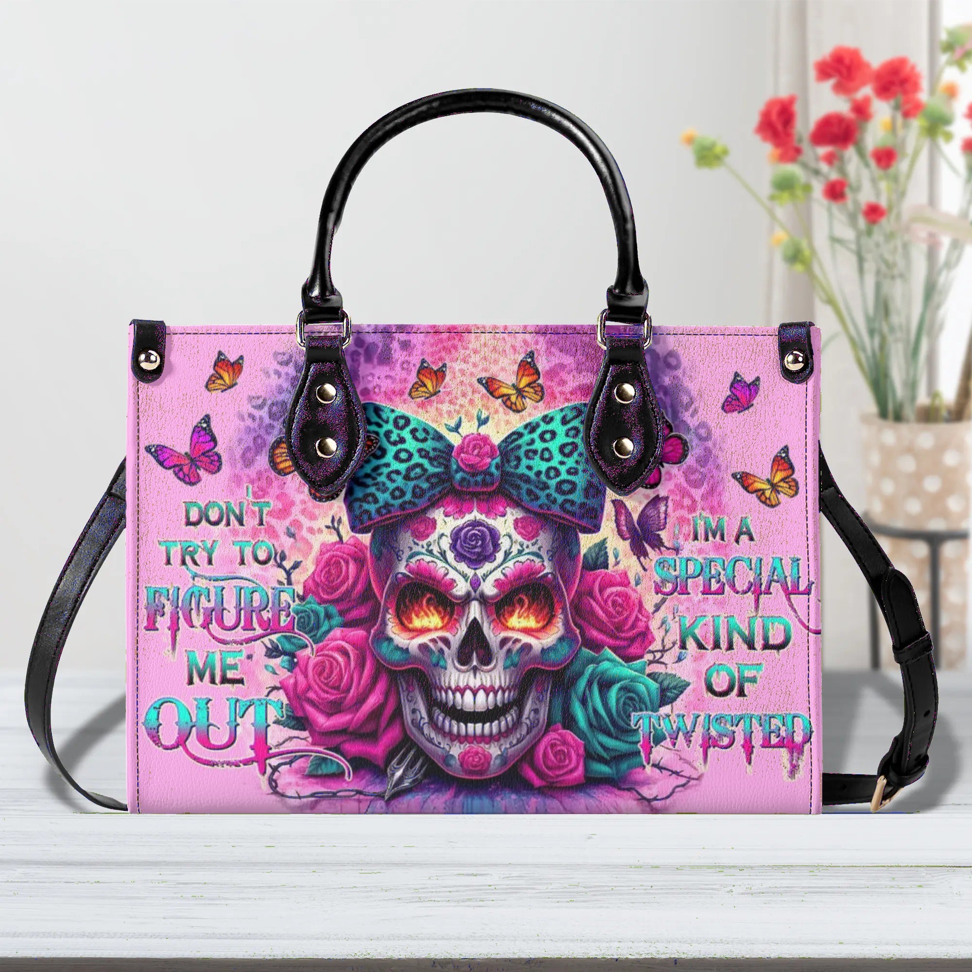 DON'T TRY TO FIGURE ME OUT SUGAR SKULL LEOPARD LEATHER HANDBAG - TLTW1306247