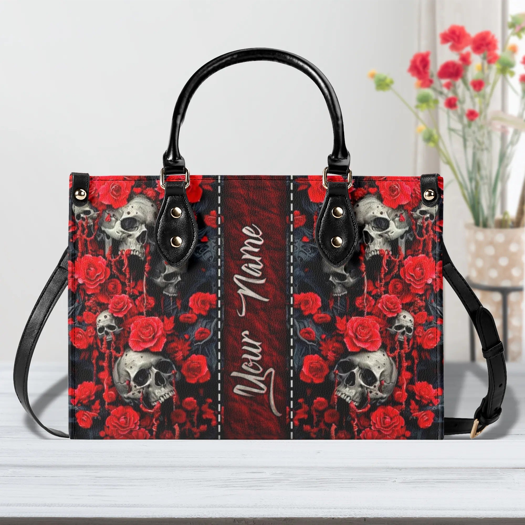 SKULL ROSES LEATHER HANDBAG - TLNZ3009243