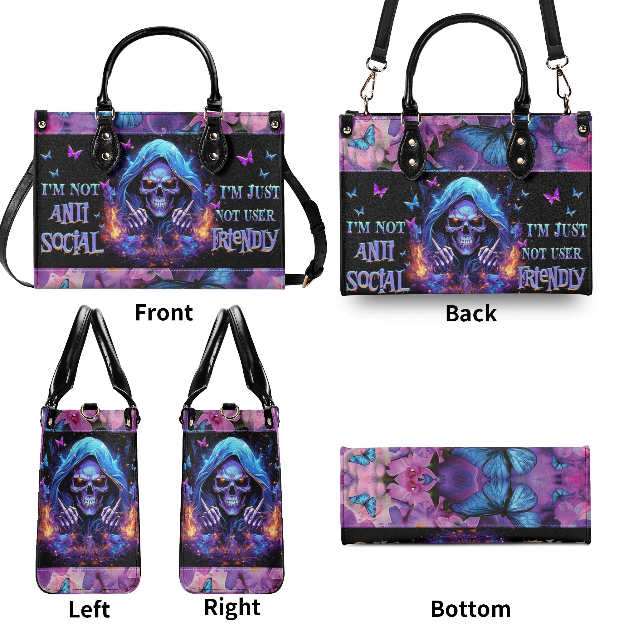 I'M NOT ANTI-SOCIAL MAD REAPER SKULL LEATHER HANDBAG - TLNZ0406244