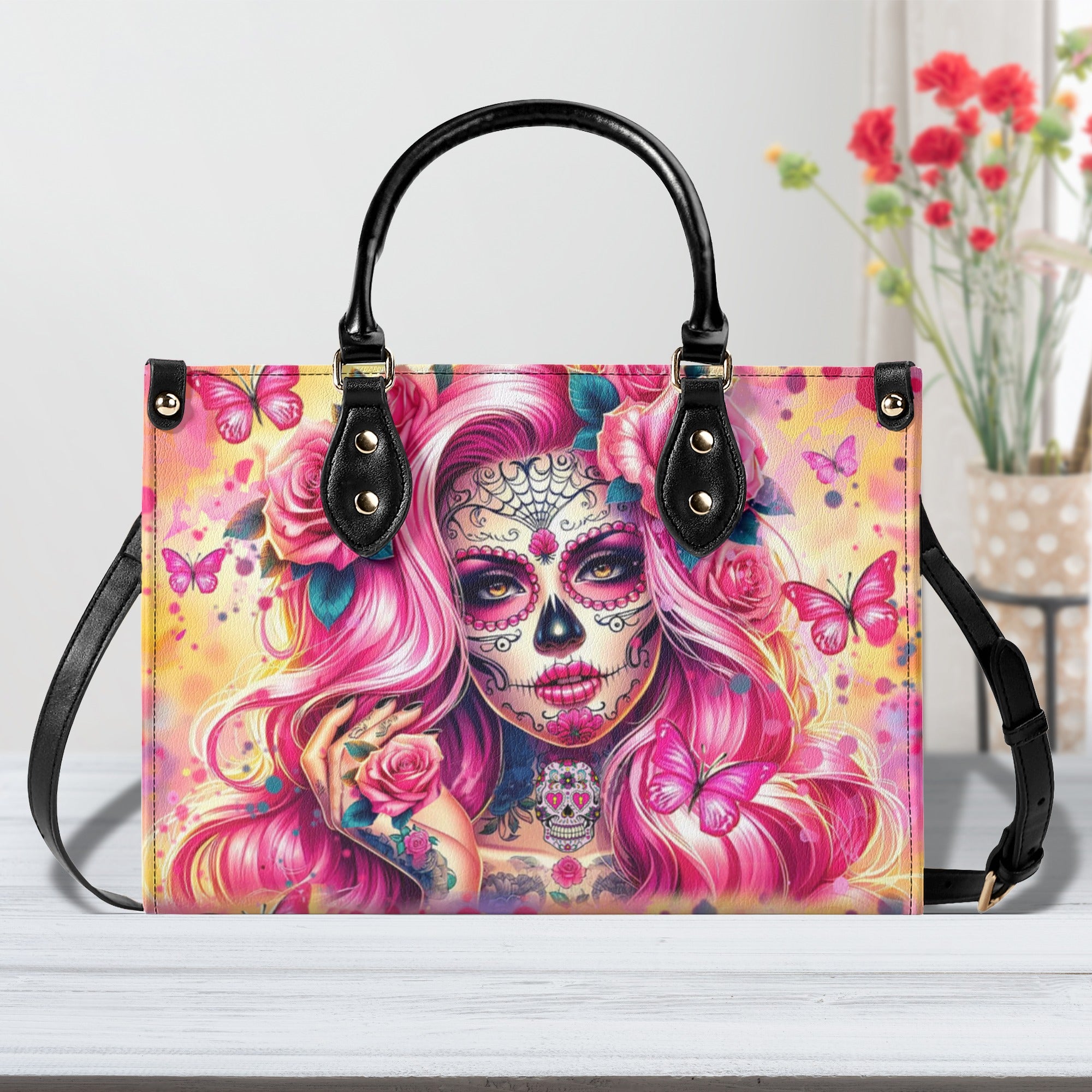 SUGAR SKULL LADY ROSES LEATHER HANDBAG - YHHN2011241