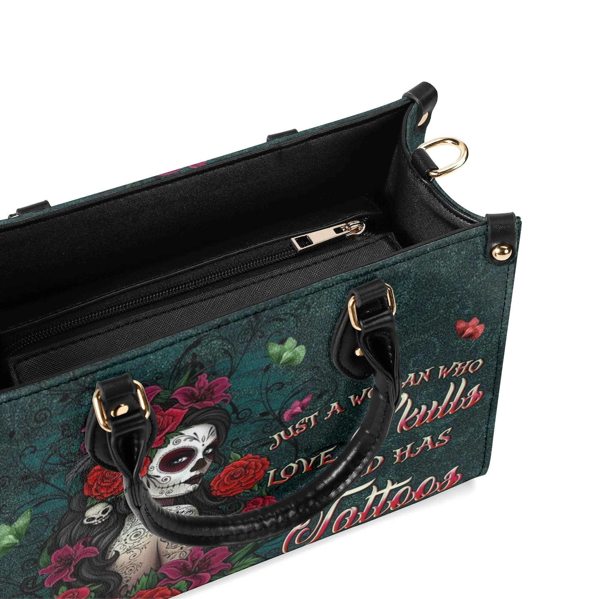 JUST A WOMAN WHO LOVES SKULL AND HAS TATTOOS LEATHER HANDBAG - YHLN0110245