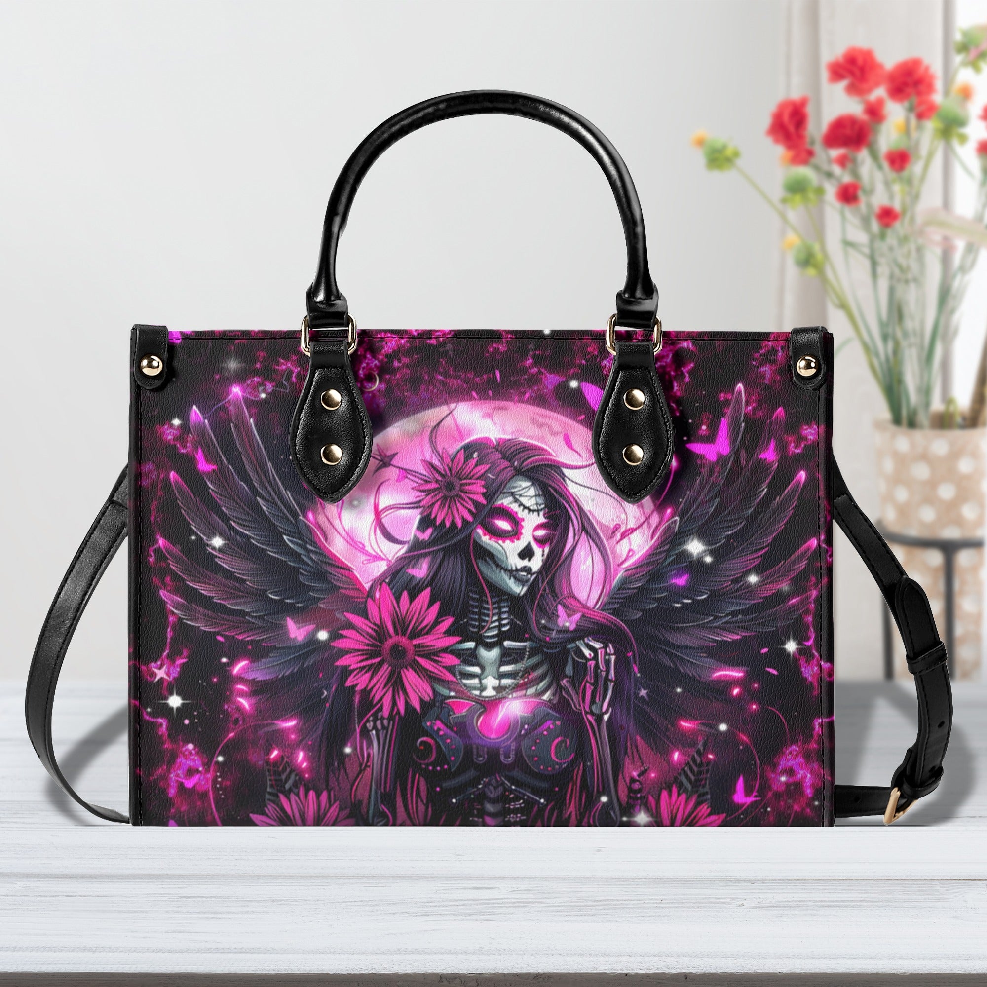 PINK BLACK SKULL LADY LEATHER HANDBAG - YHDU1410244