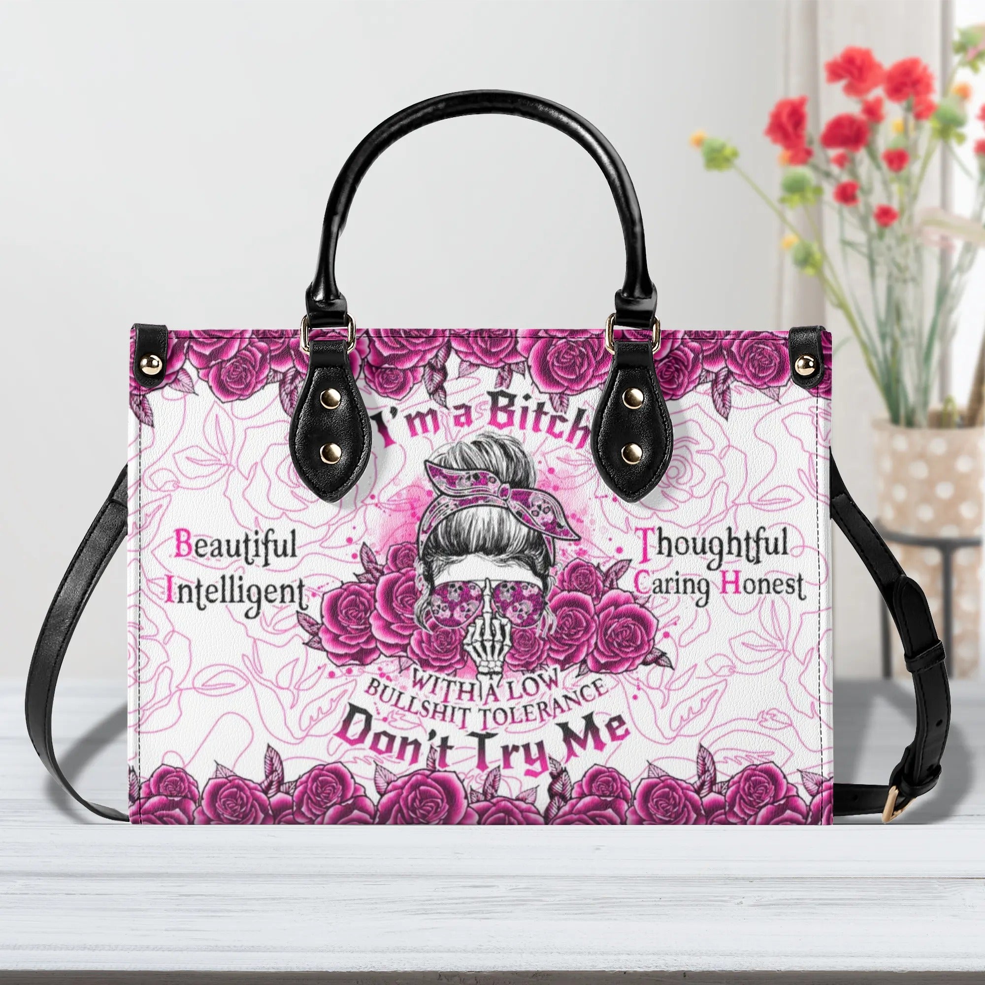 I'M A B DON'T TRY ME ROSE MESSY BUN  LEATHER HANDBAG - TLNO0710244