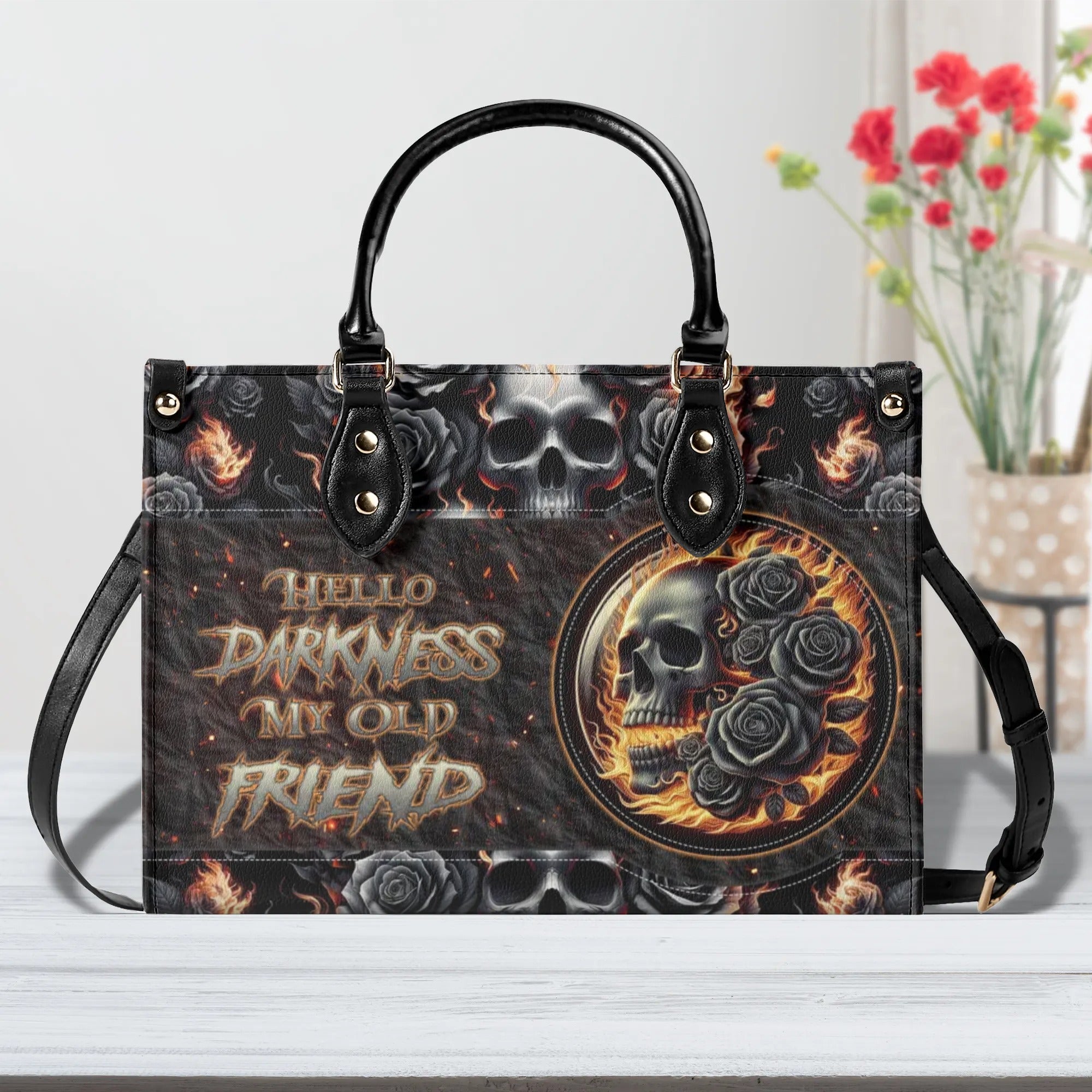 HELLO DARKNESS MY OLD FRIEND SKULL ROSE FIRE LEATHER HANDBAG - TLNZ1206245