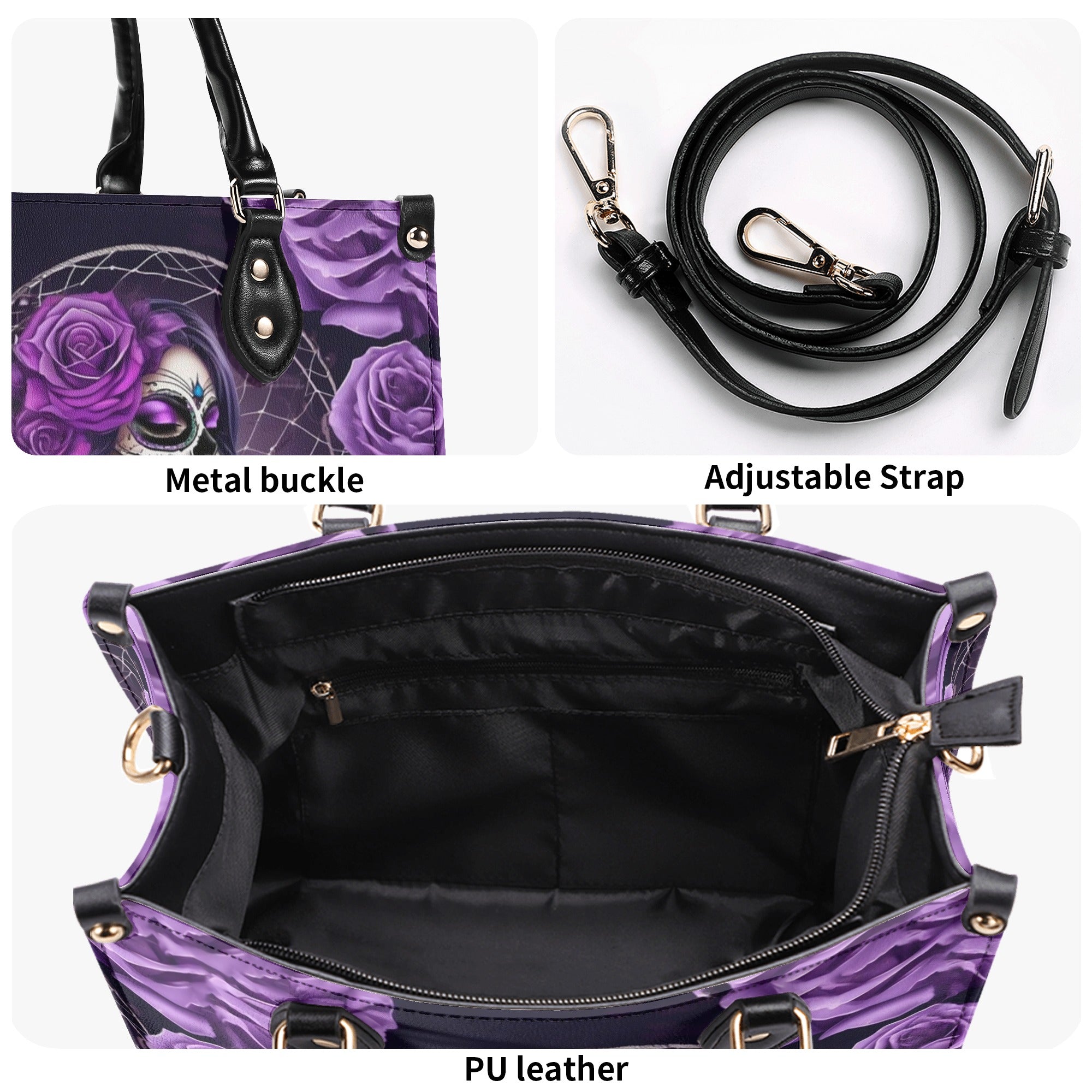 SUGAR SKULL LADY PURPLE ROSE LEATHER HANDBAG - YHHG0512245