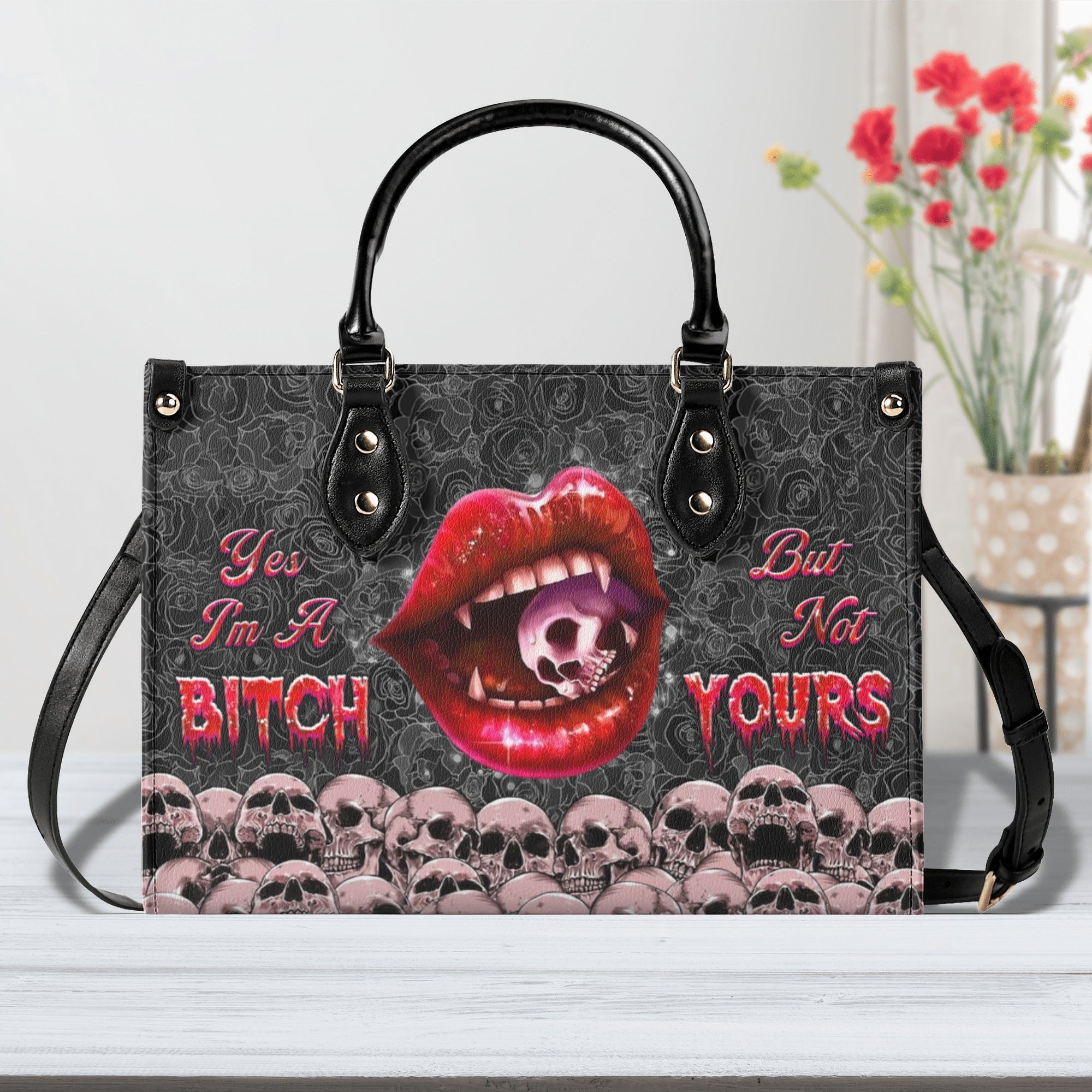 YES I'M A B BUT NOT YOURS SKULL LIPS LEATHER HANDBAG - YHHG3112244