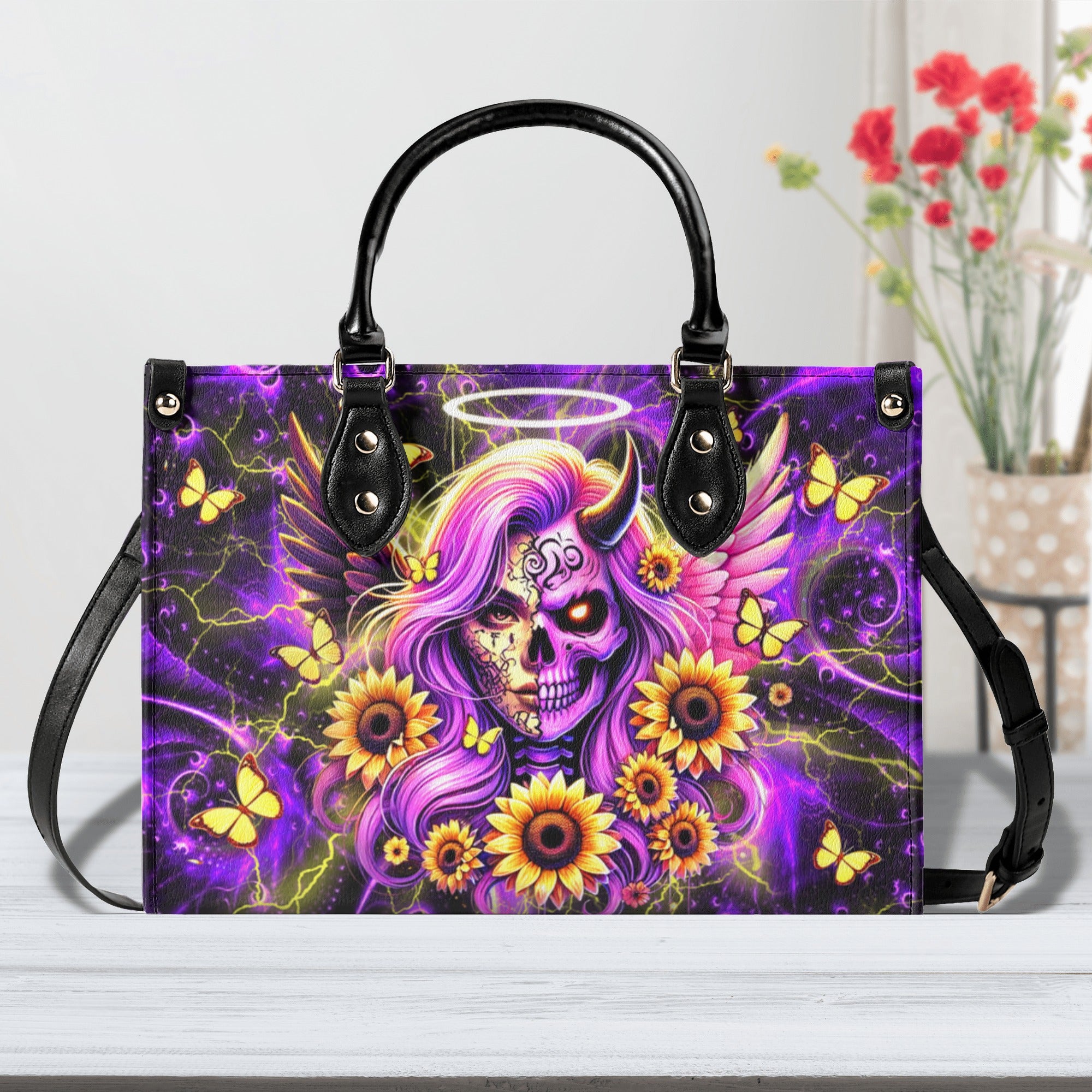 SKULL LADY SUNFLOWER LEATHER HANDBAG - YHDU3012244