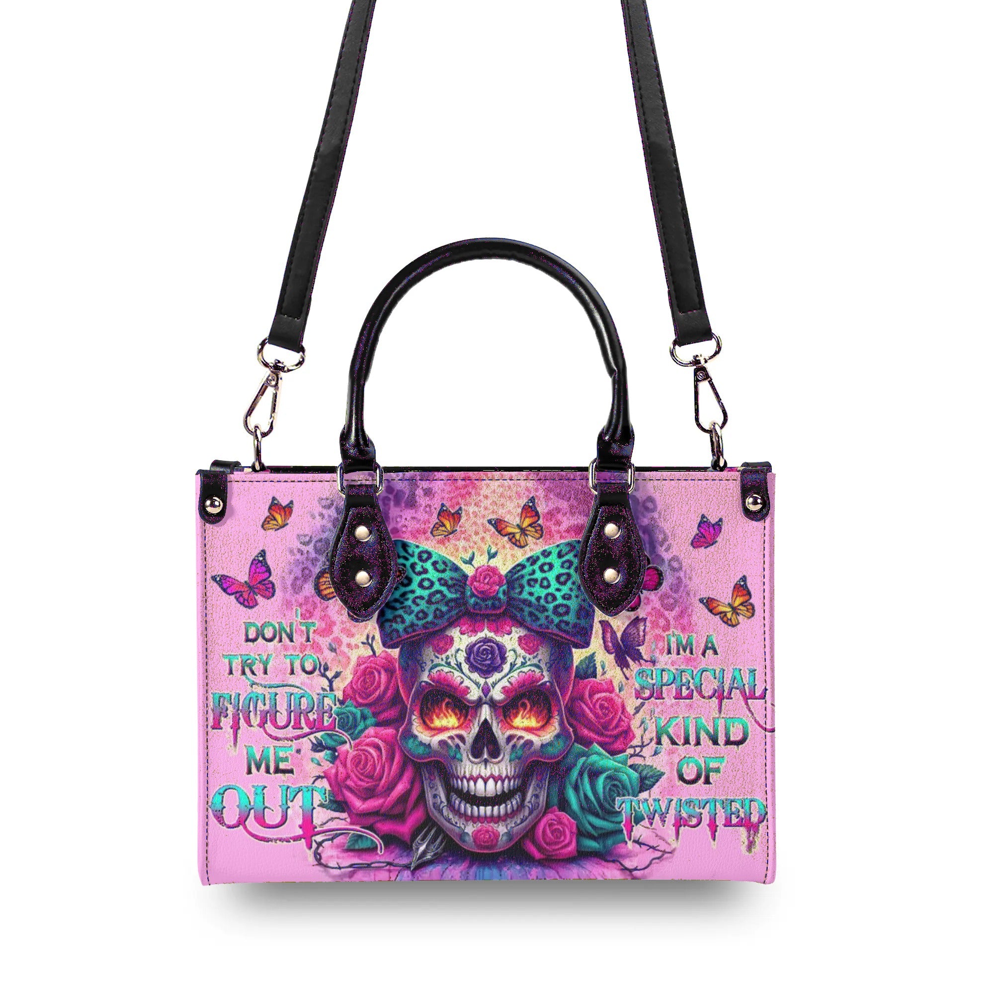 DON'T TRY TO FIGURE ME OUT SUGAR SKULL LEOPARD LEATHER HANDBAG - TLTW1306247