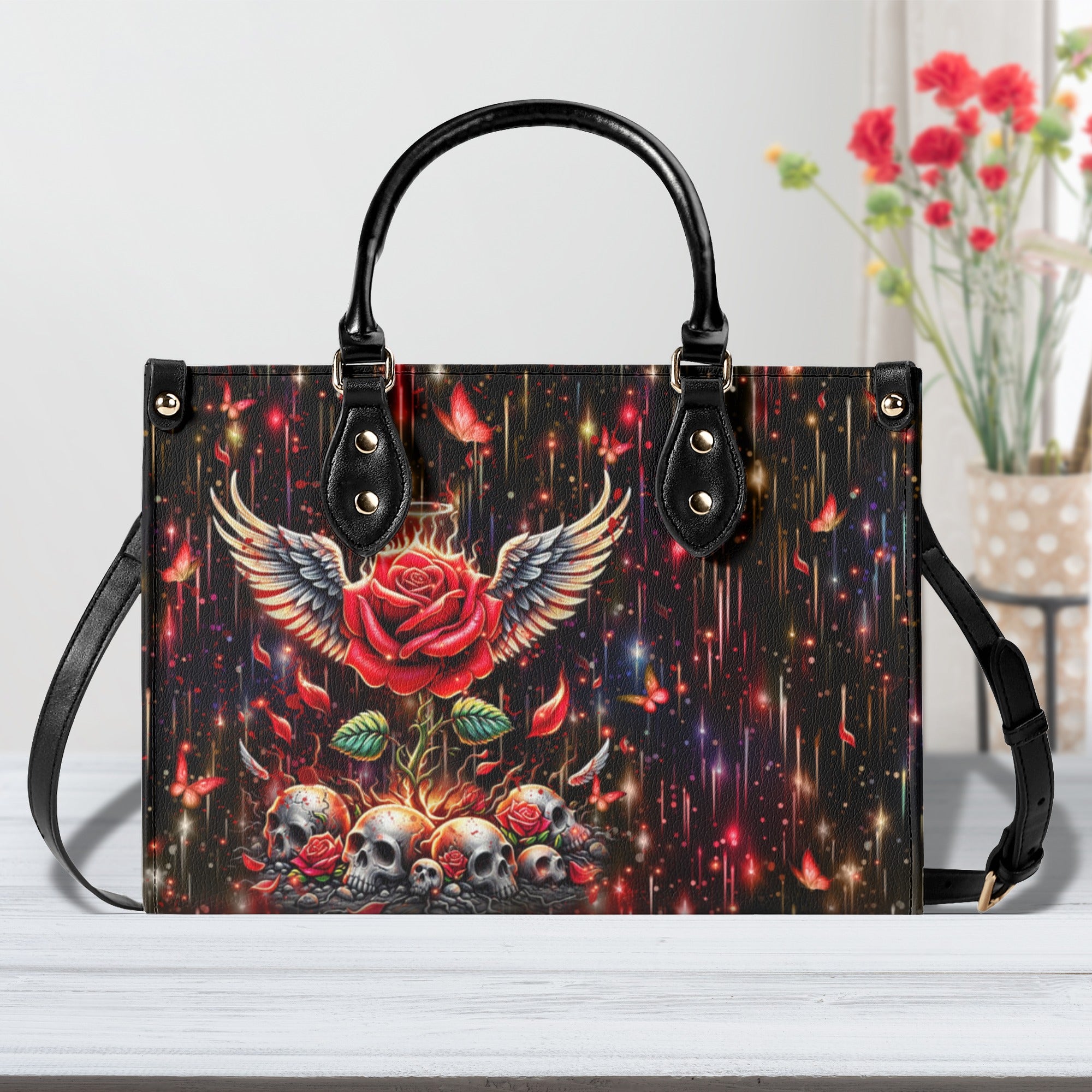 SKULL ROSE WINGS LEATHER HANDBAG - YHHN0611245