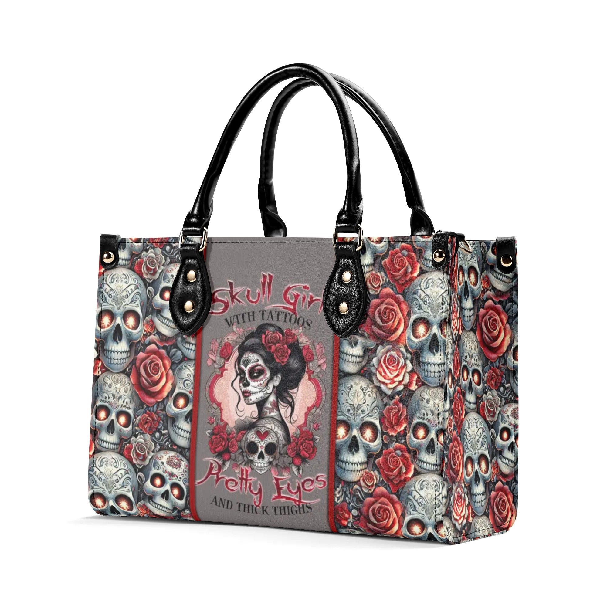 SKULL GIRL WITH TATTOOS PRETTY EYES SUGAR SKULL LEOPARD LEATHER HANDBAG - TLTR1406245