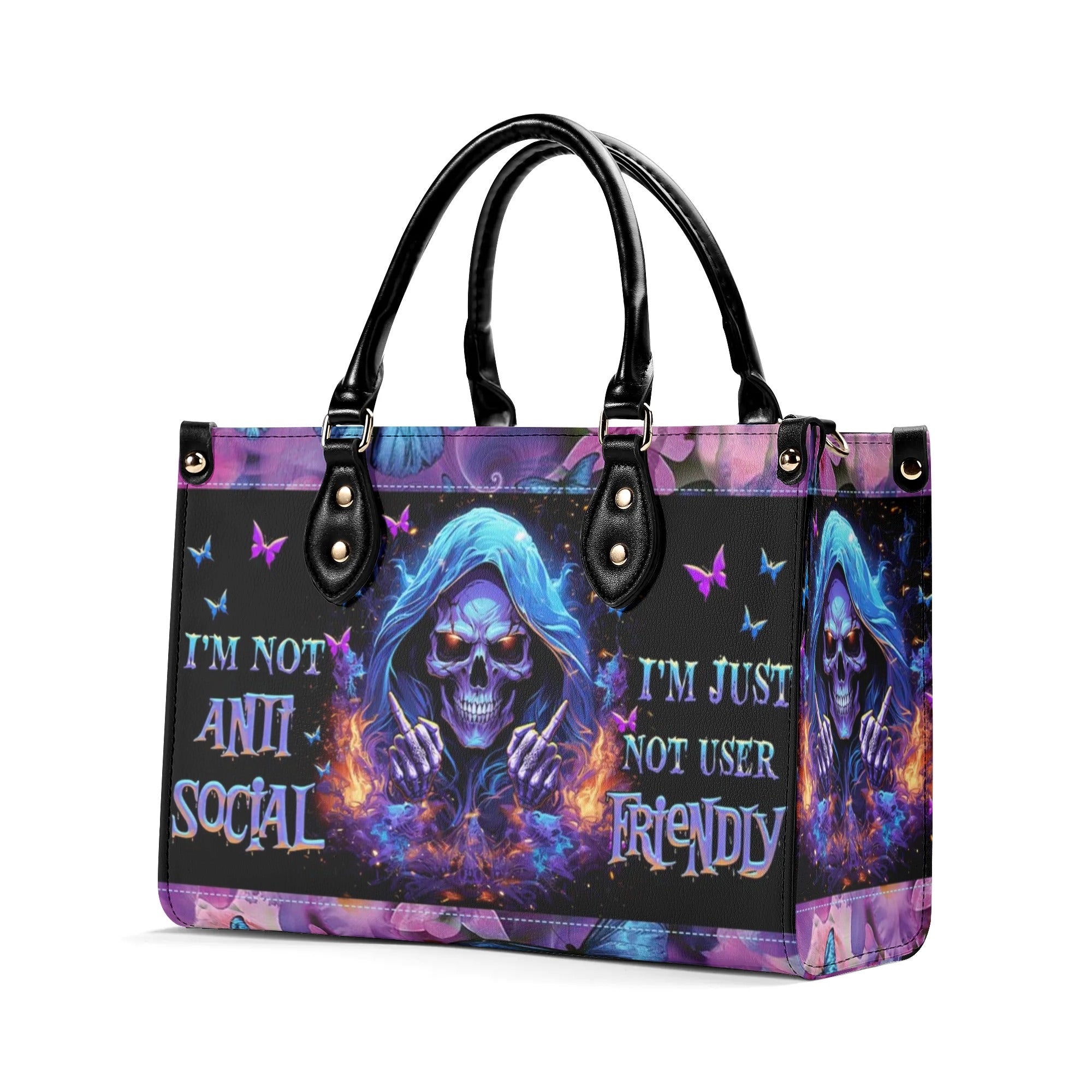 I'M NOT ANTI-SOCIAL MAD REAPER SKULL LEATHER HANDBAG - TLNZ0406244